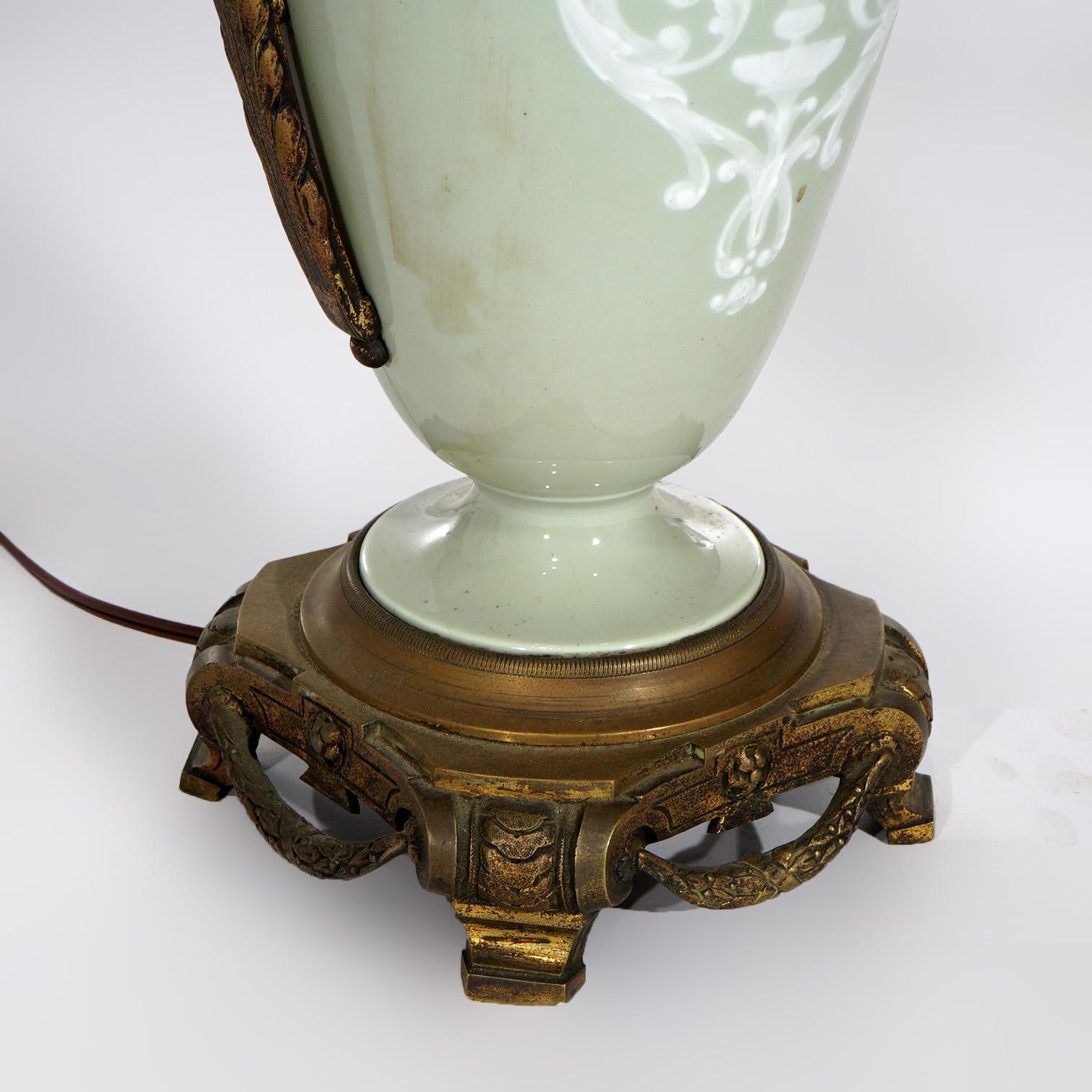 Antique French Gilt Bronze & Porcelain Celadon Cameo Lamps with Figures1920 In Good Condition In Big Flats, NY