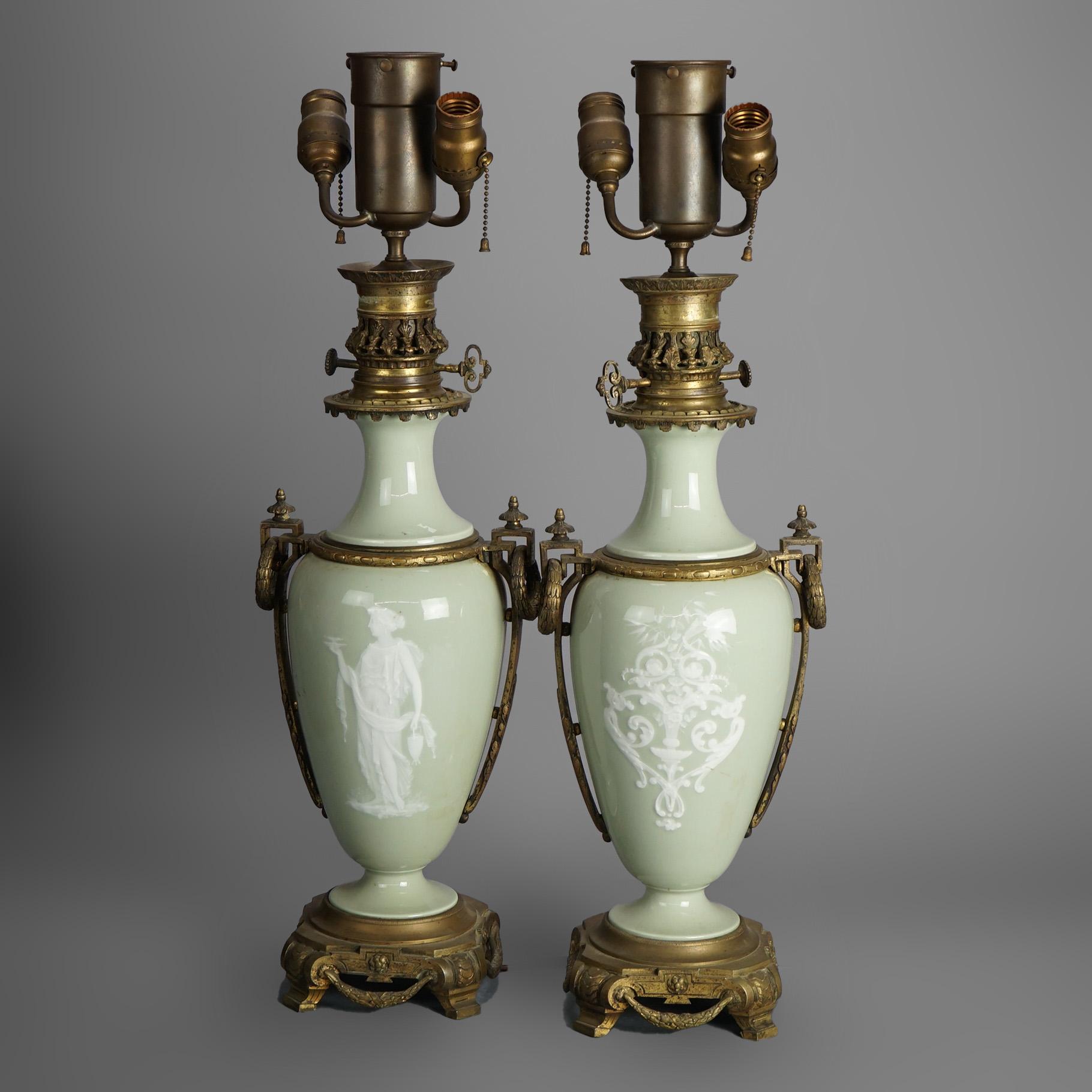 20th Century Antique French Gilt Bronze & Porcelain Celadon Cameo Lamps with Figures1920 For Sale