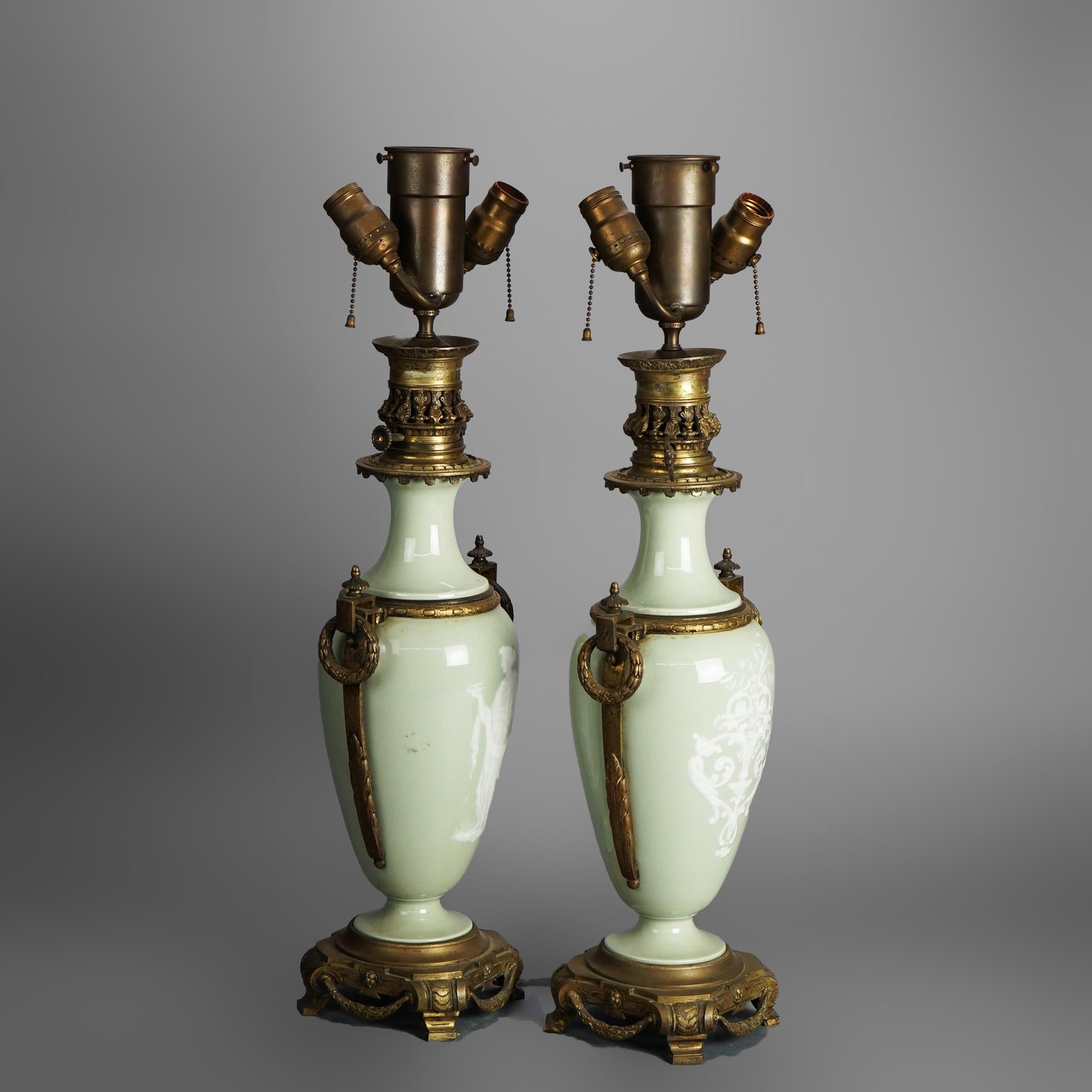 Antique French Gilt Bronze & Porcelain Celadon Cameo Lamps with Figures1920 1