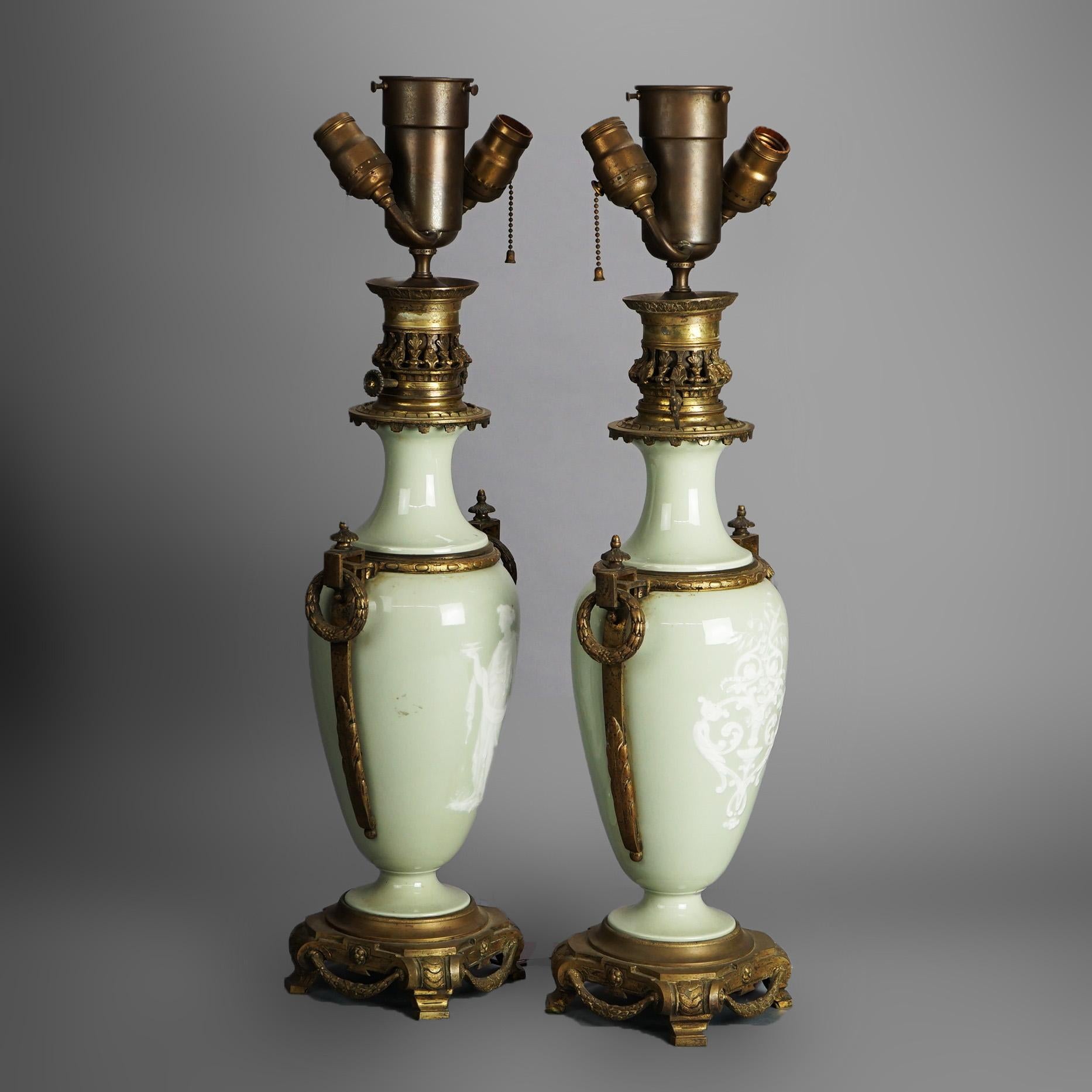 Antique French Gilt Bronze & Porcelain Celadon Cameo Lamps with Figures1920 2