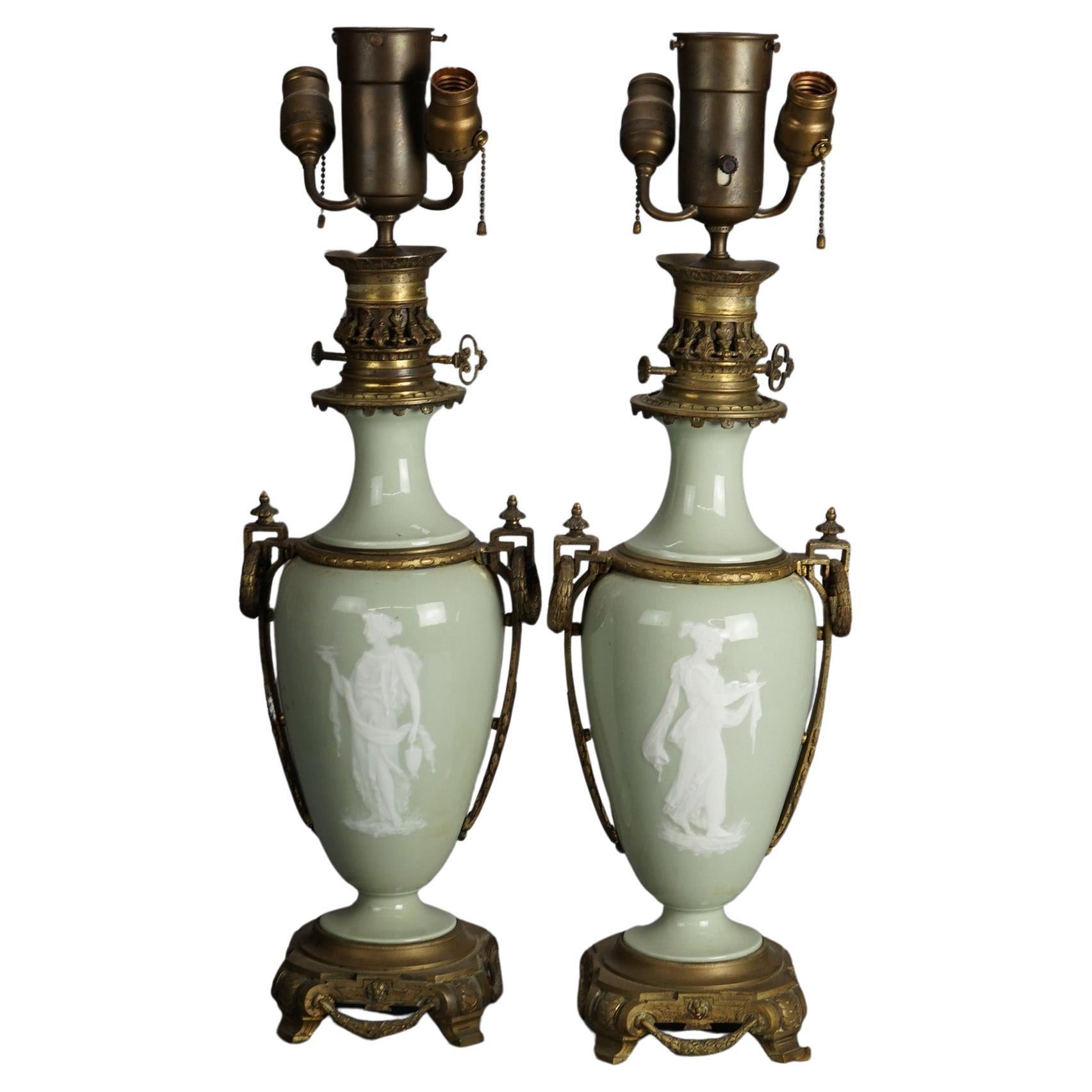 Antique French Gilt Bronze & Porcelain Celadon Cameo Lamps with Figures1920 For Sale