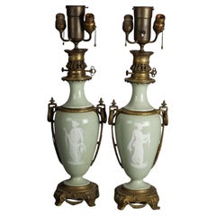 Antique French Gilt Bronze & Porcelain Celadon Cameo Lamps with Figures1920