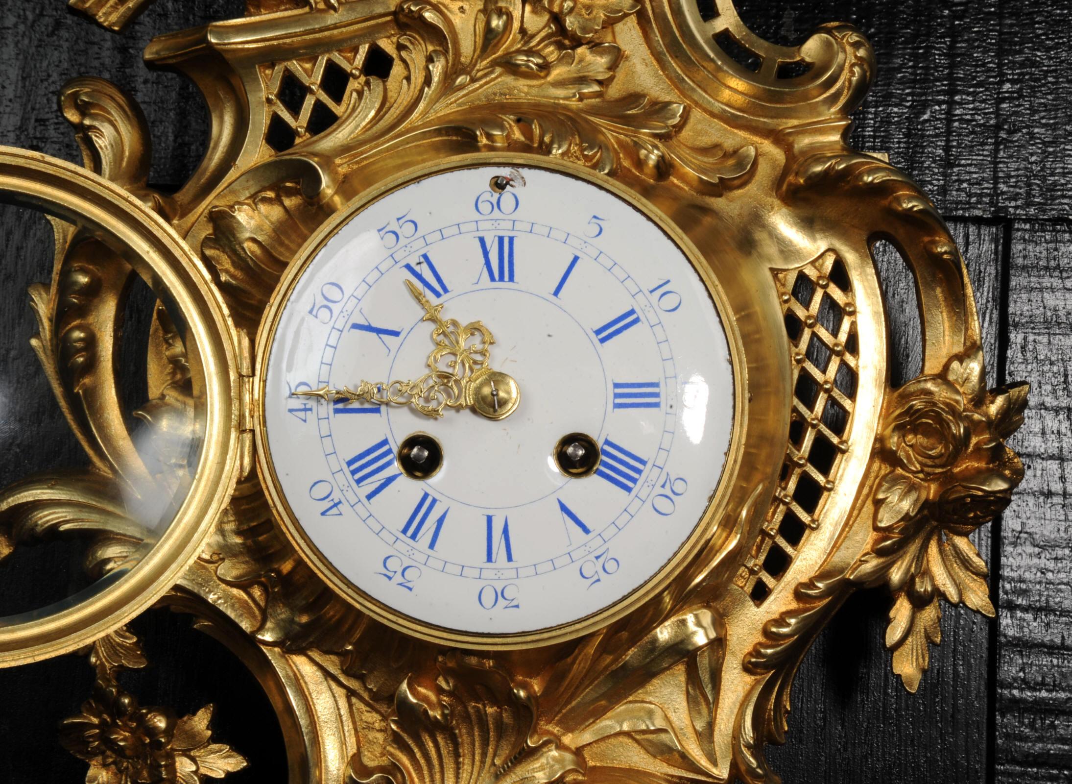 Antique French Gilt Bronze Rococo Cartel Wall Clock by Japy Freres 6