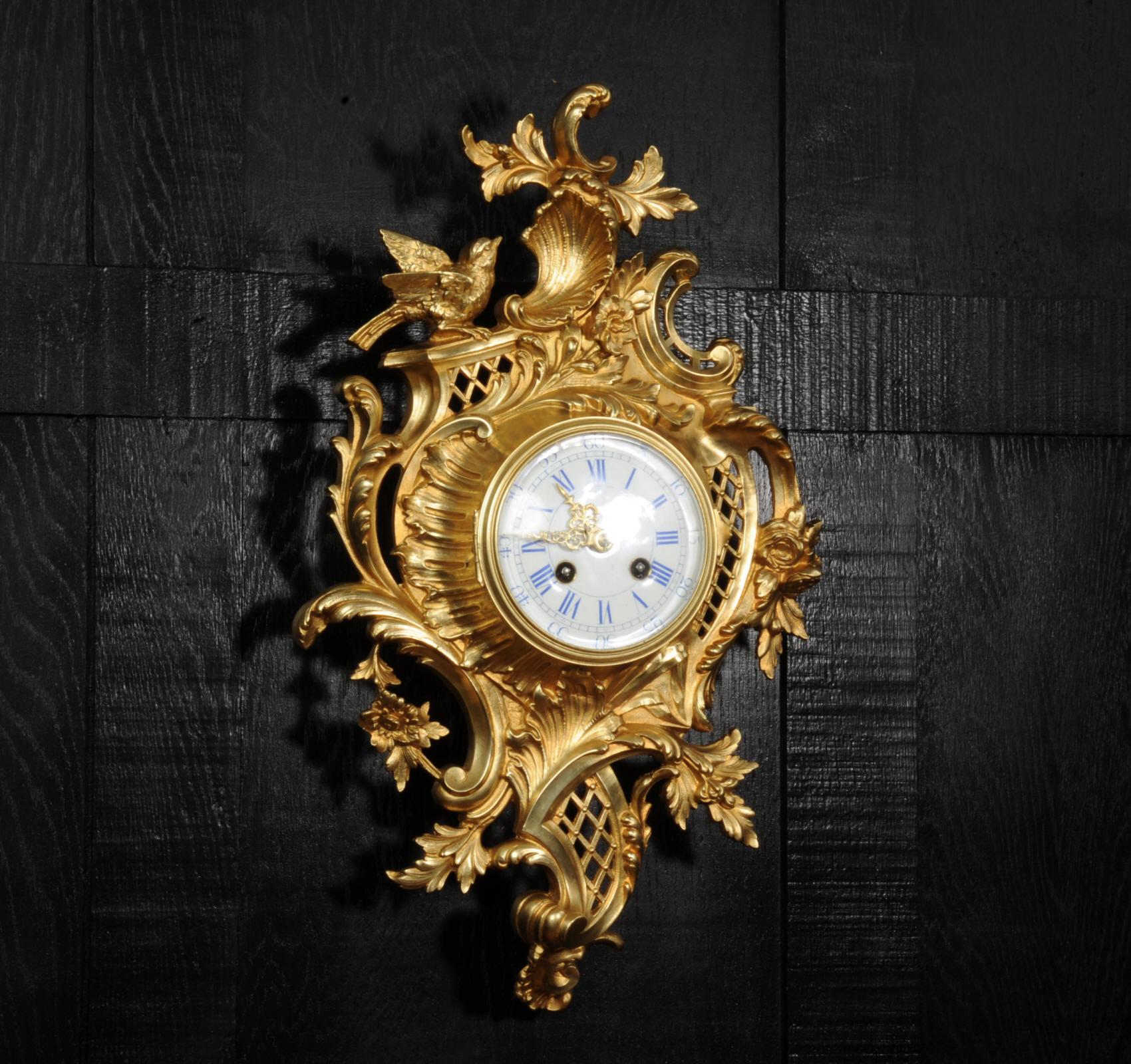 Antique French Gilt Bronze Rococo Cartel Wall Clock by Japy Freres 7