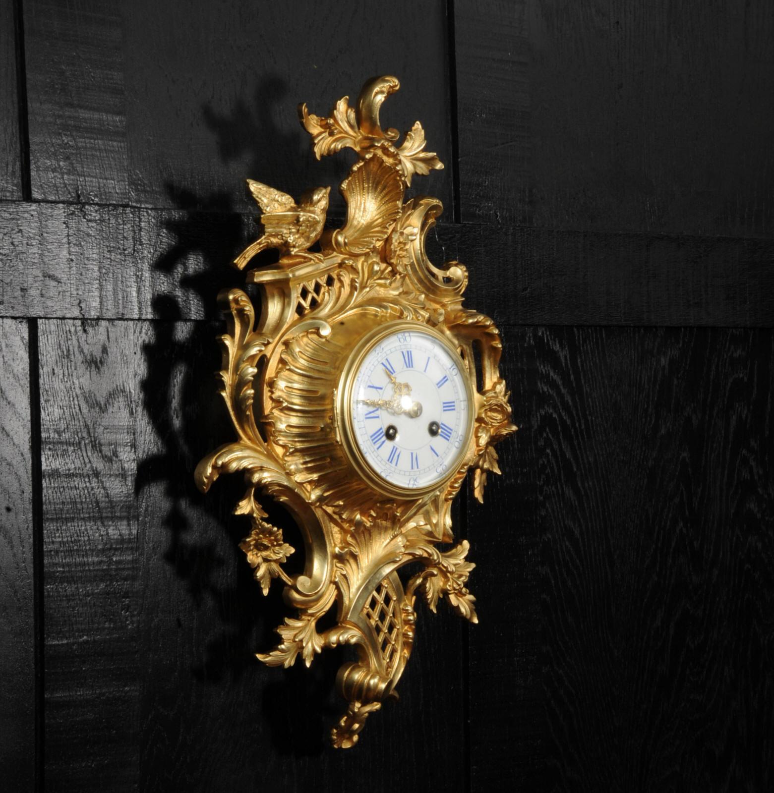 Antique French Gilt Bronze Rococo Cartel Wall Clock by Japy Freres 9