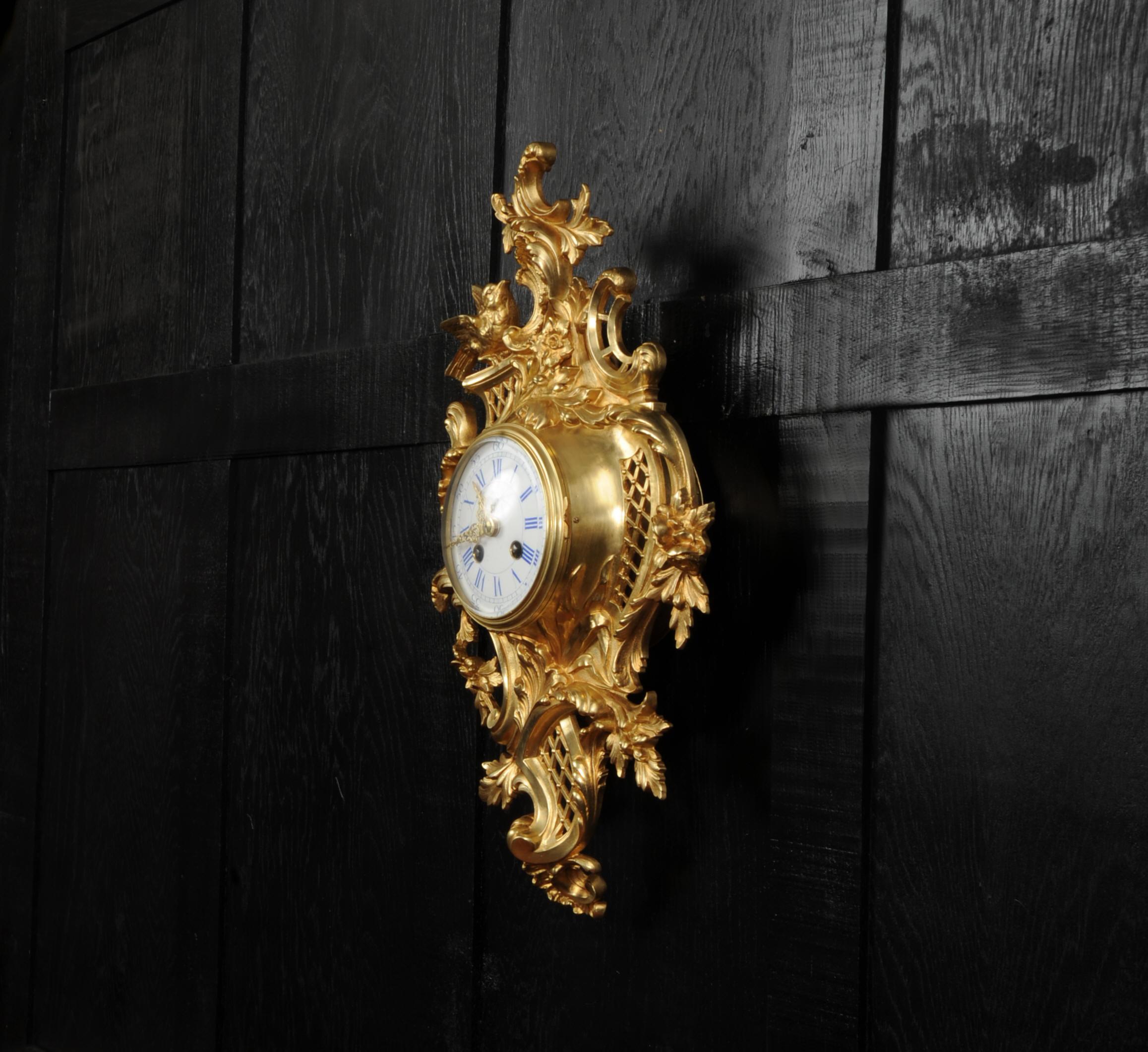 Antique French Gilt Bronze Rococo Cartel Wall Clock by Japy Freres 10