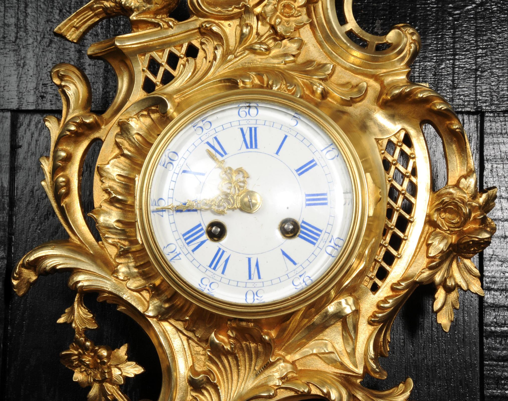 19th Century Antique French Gilt Bronze Rococo Cartel Wall Clock by Japy Freres