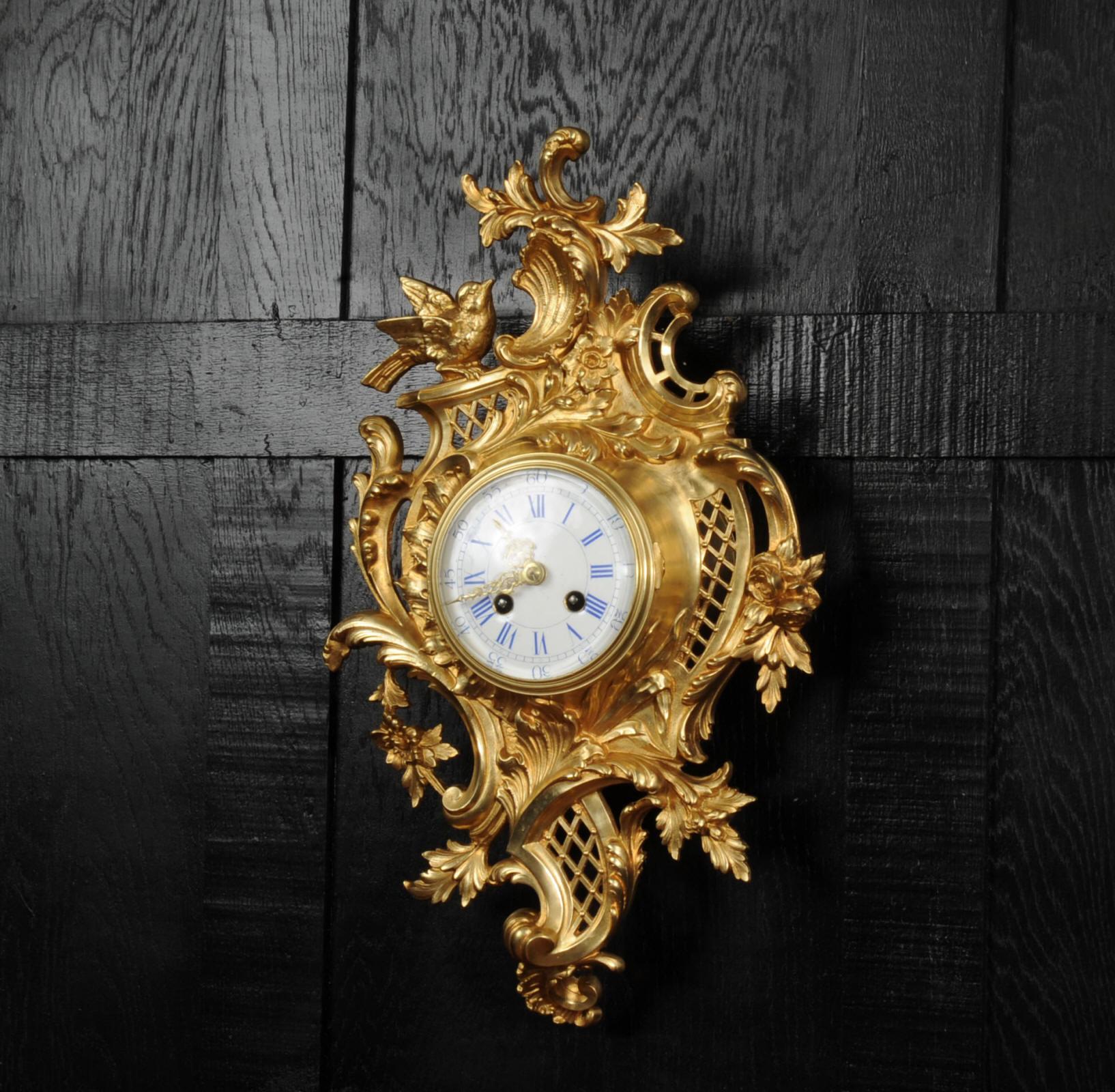 Antique French Gilt Bronze Rococo Cartel Wall Clock by Japy Freres 2