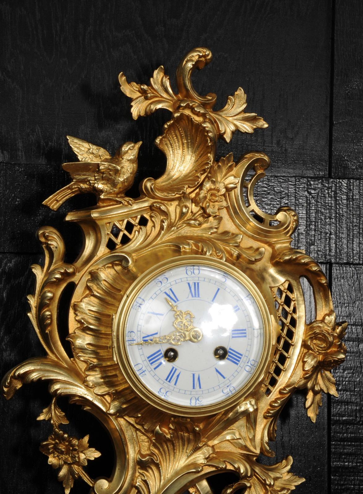 Antique French Gilt Bronze Rococo Cartel Wall Clock by Japy Freres 4