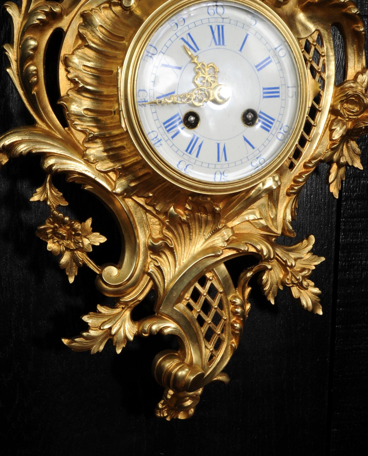 Antiquité française bronze doré Rococo horloge murale Cartel par Japy Freres 3