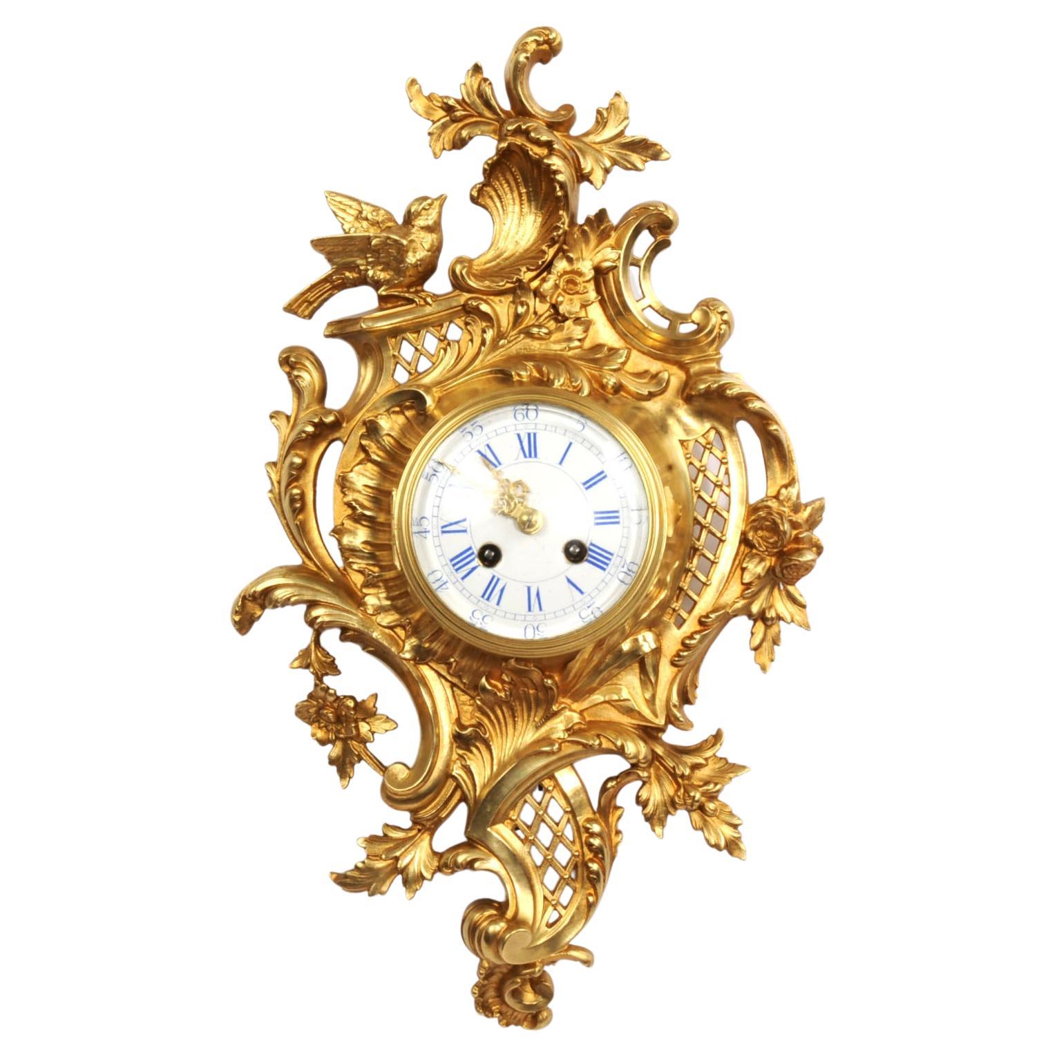 Antique French Gilt Bronze Rococo Cartel Wall Clock by Japy Freres