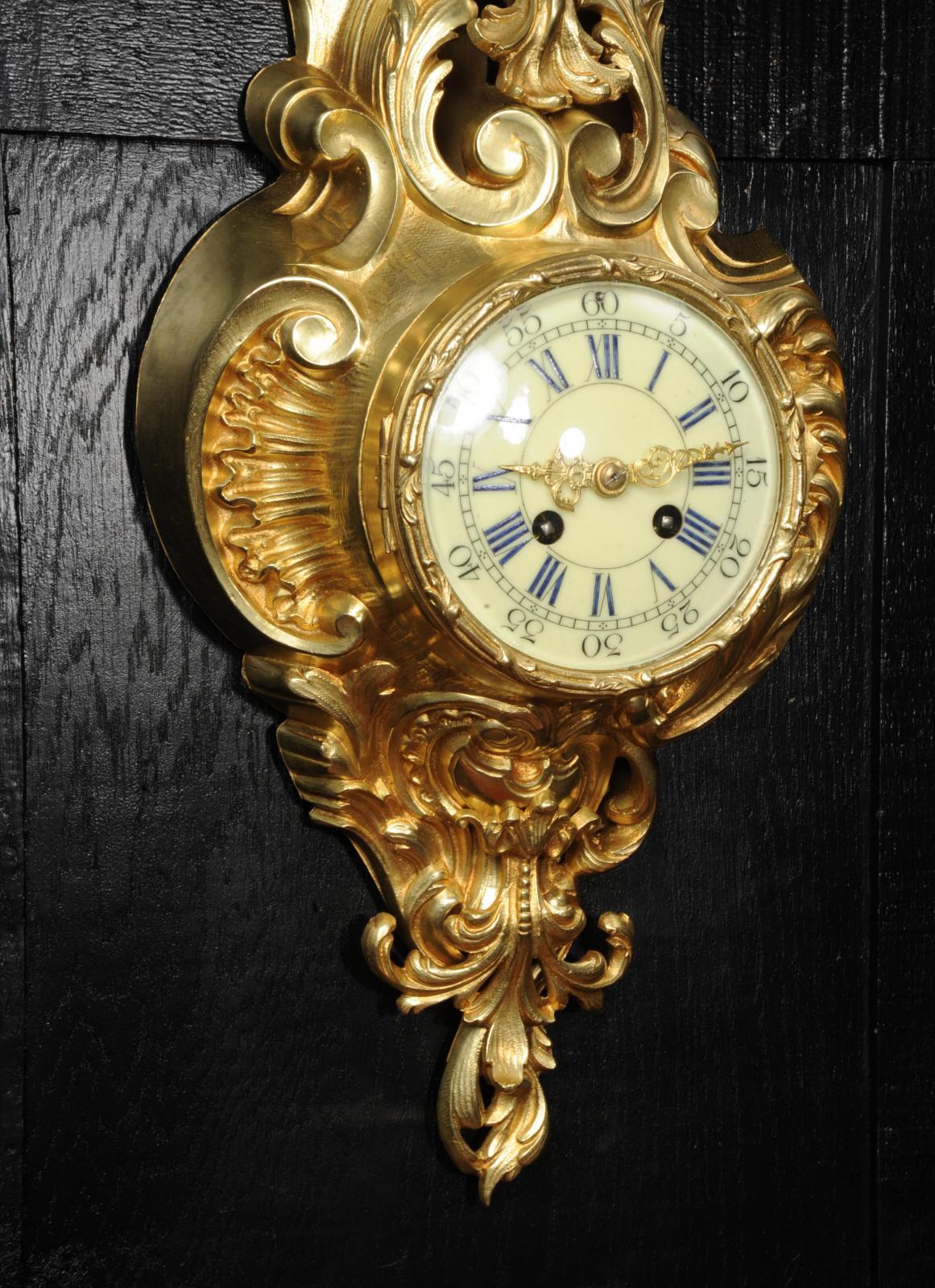 Antique French Gilt Bronze Rococo Cartel Wall Clock For Sale 4
