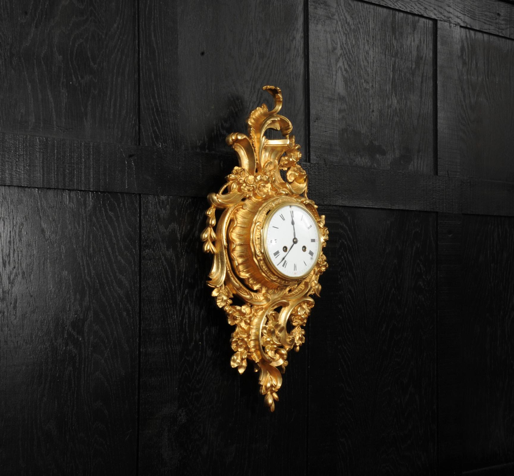 Antique French Gilt Bronze Rococo Cartel Wall Clock 6