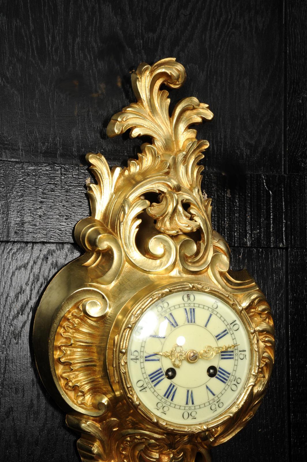 Antique French Gilt Bronze Rococo Cartel Wall Clock For Sale 5