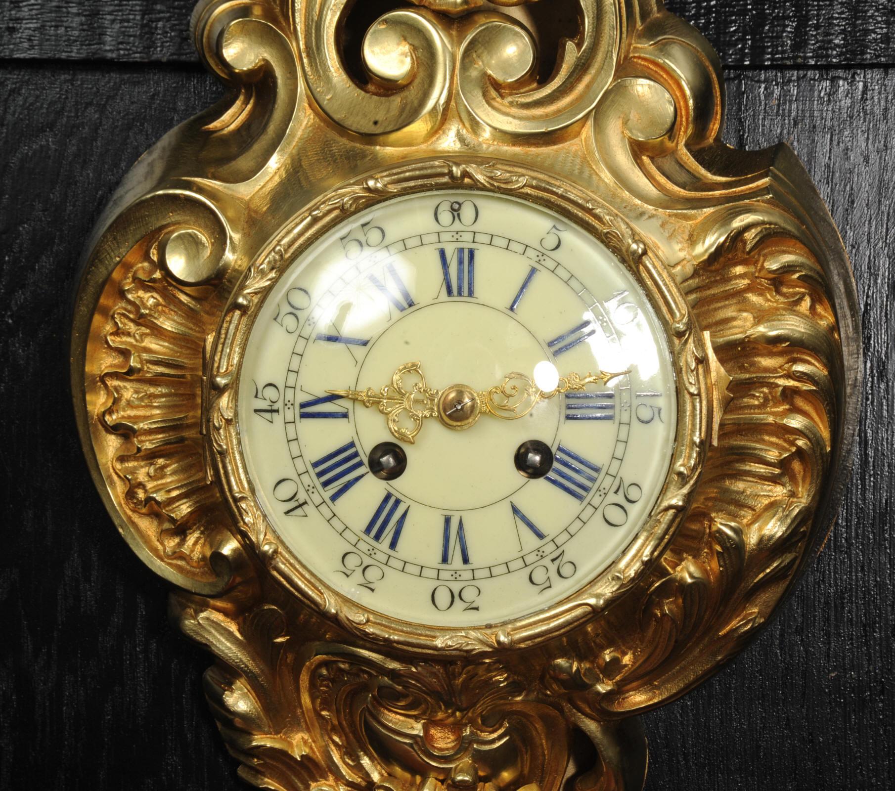 Antique French Gilt Bronze Rococo Cartel Wall Clock For Sale 6