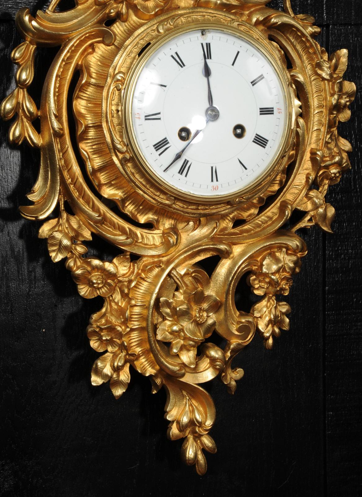 Antique French Gilt Bronze Rococo Cartel Wall Clock 8