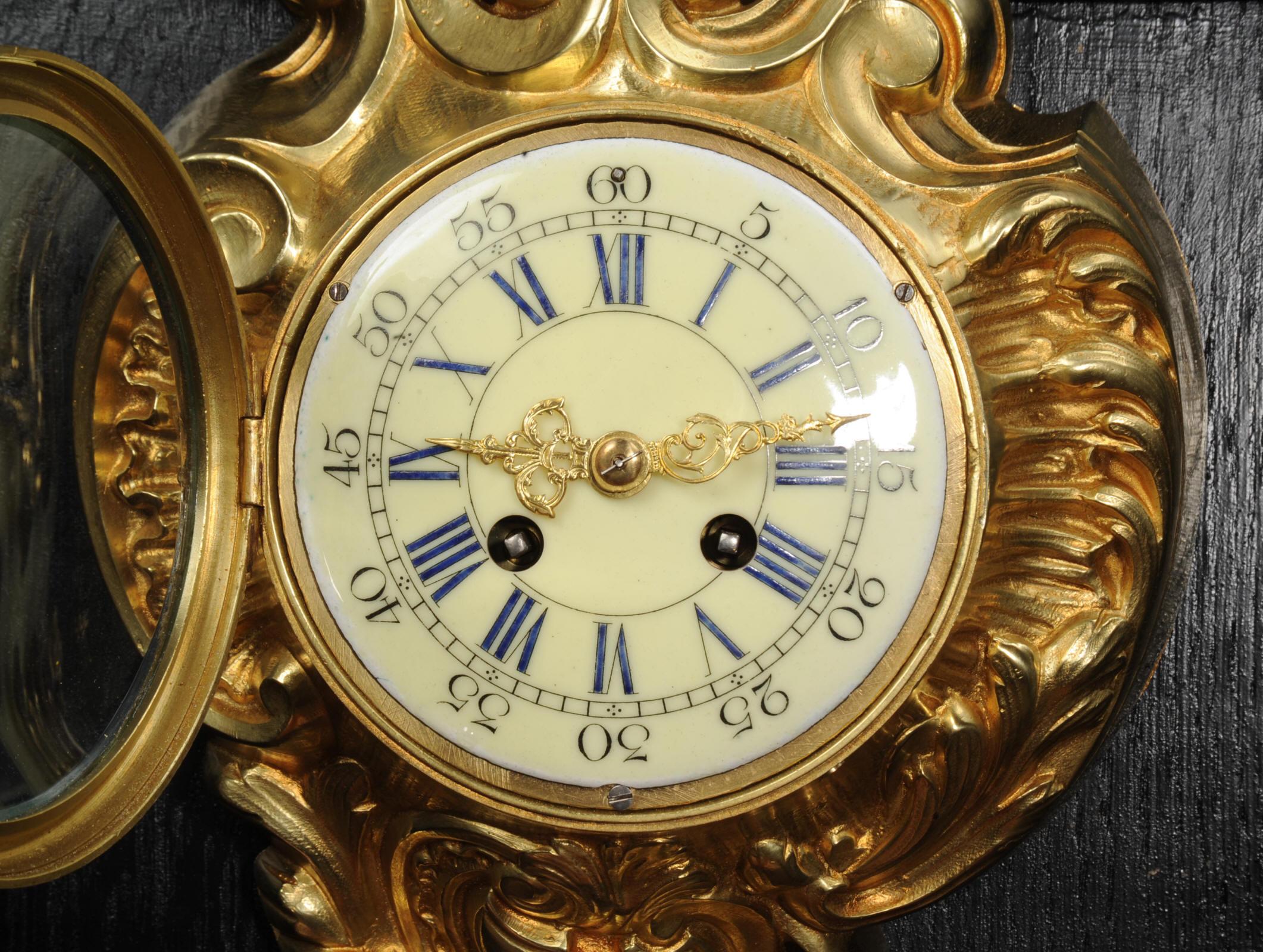Antique French Gilt Bronze Rococo Cartel Wall Clock For Sale 7