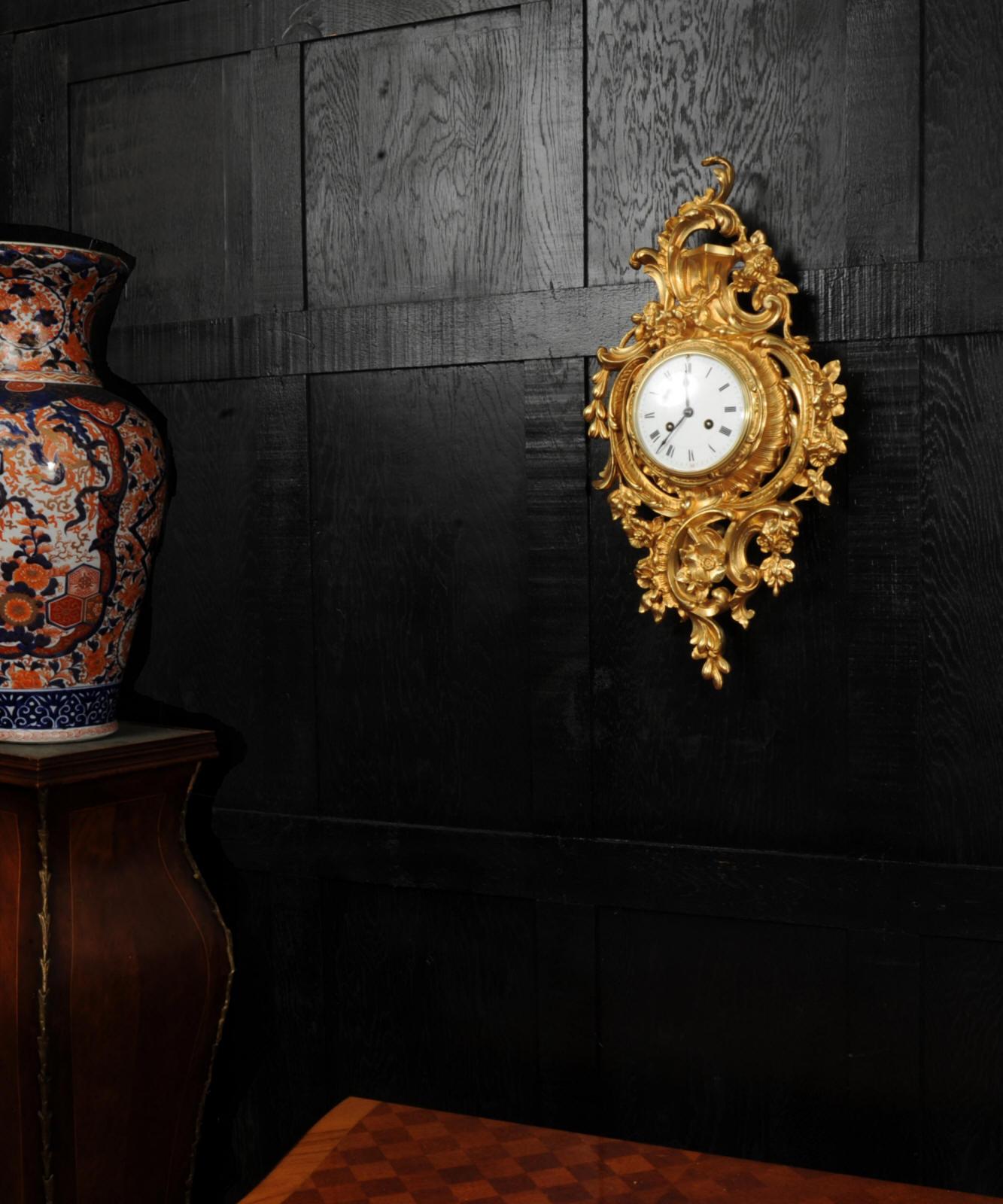 19th Century Antique French Gilt Bronze Rococo Cartel Wall Clock