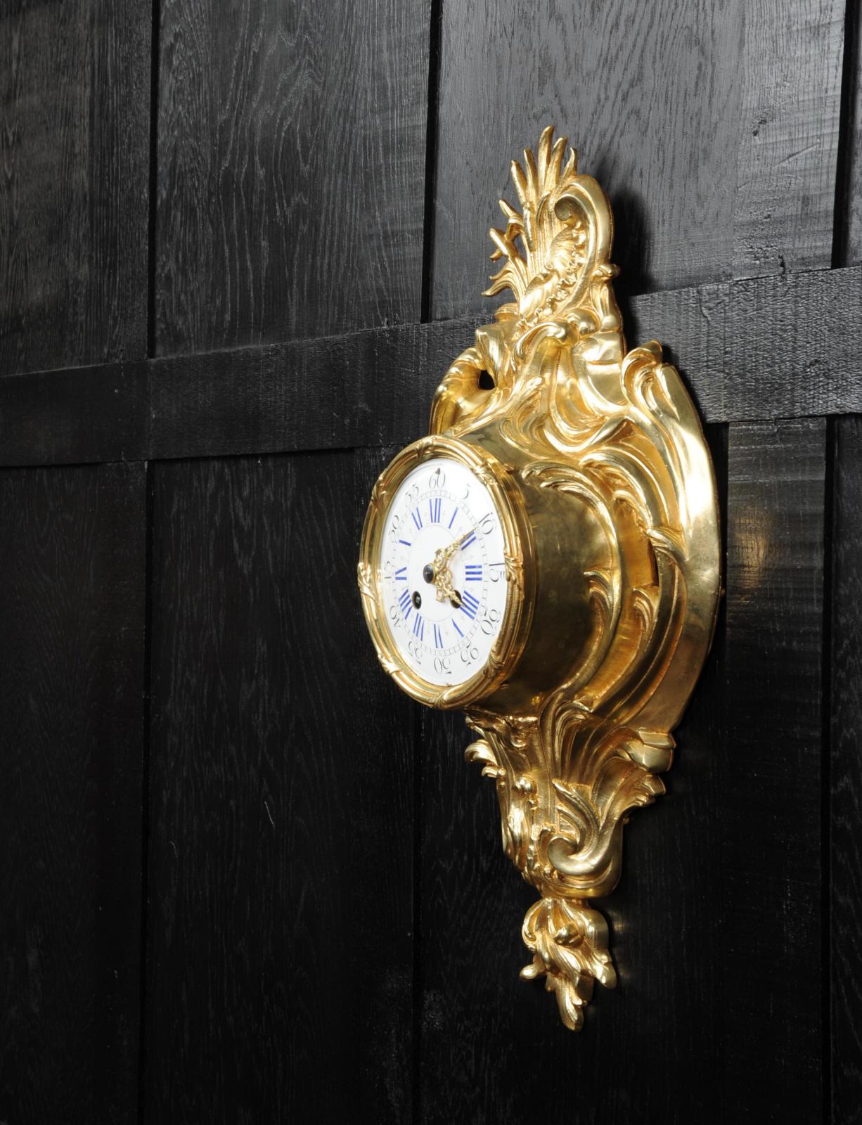 Antique French Gilt Bronze Rococo Cartel Wall Clock In Good Condition In Belper, Derbyshire