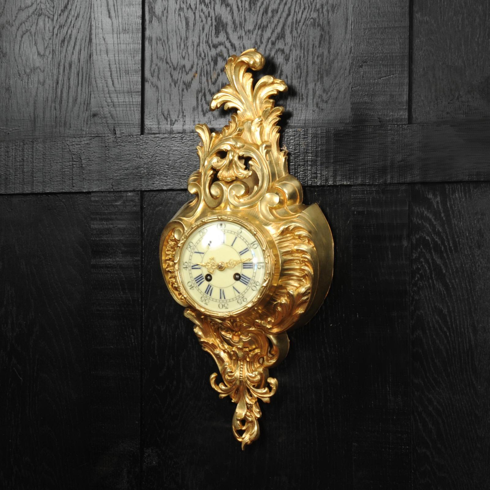 19th Century Antique French Gilt Bronze Rococo Cartel Wall Clock For Sale