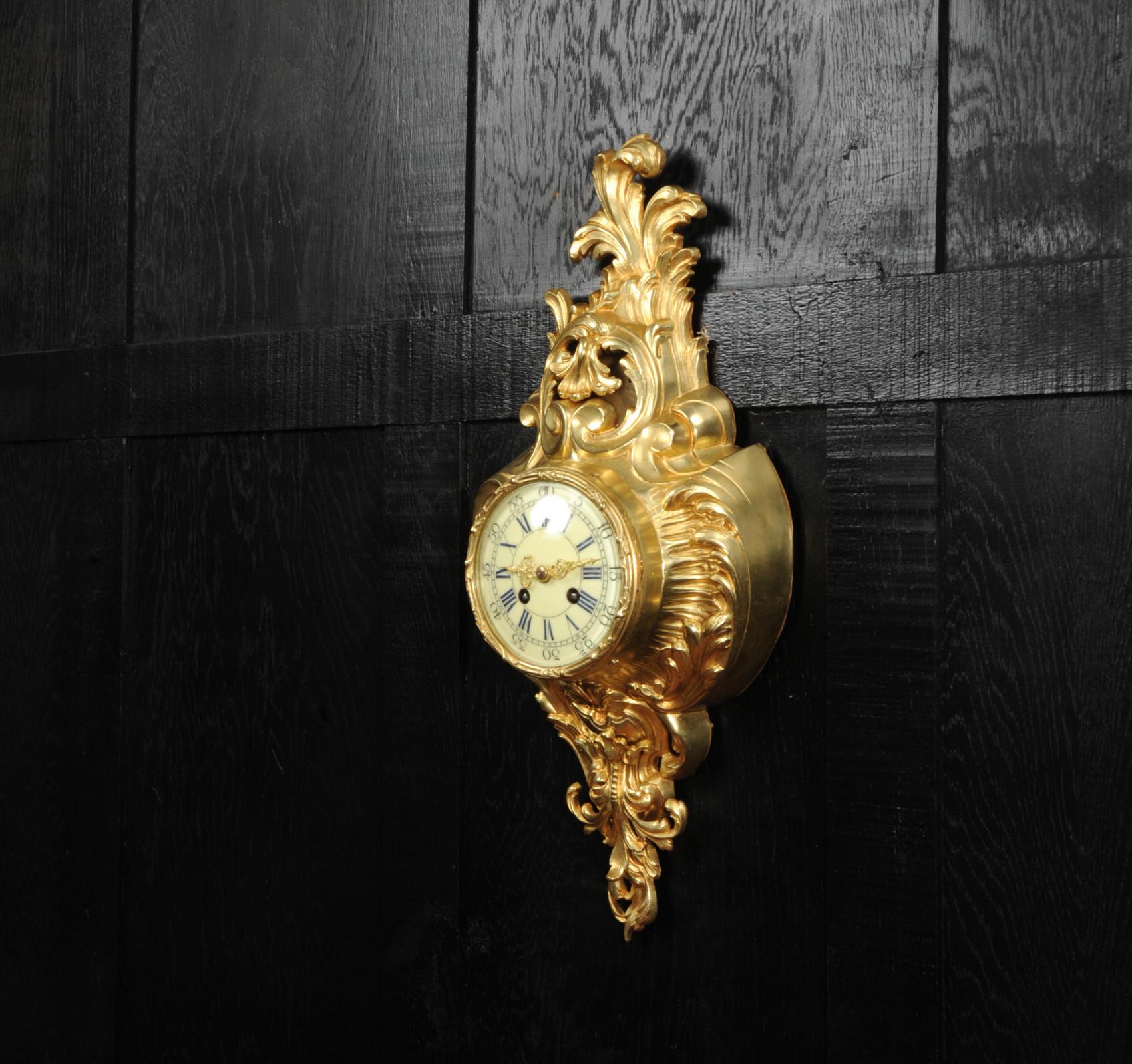 Antique French Gilt Bronze Rococo Cartel Wall Clock For Sale 1