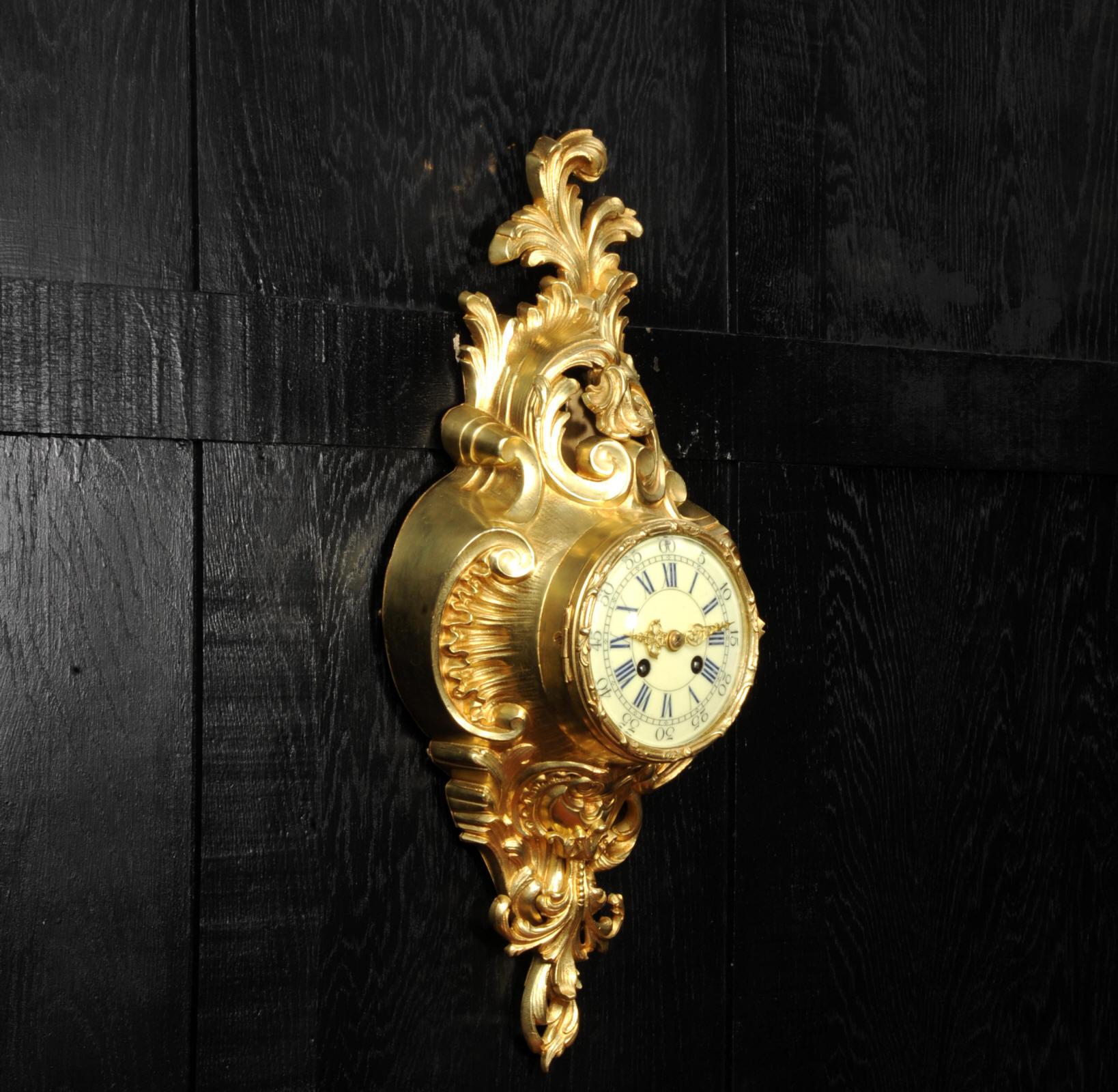 Antique French Gilt Bronze Rococo Cartel Wall Clock For Sale 2