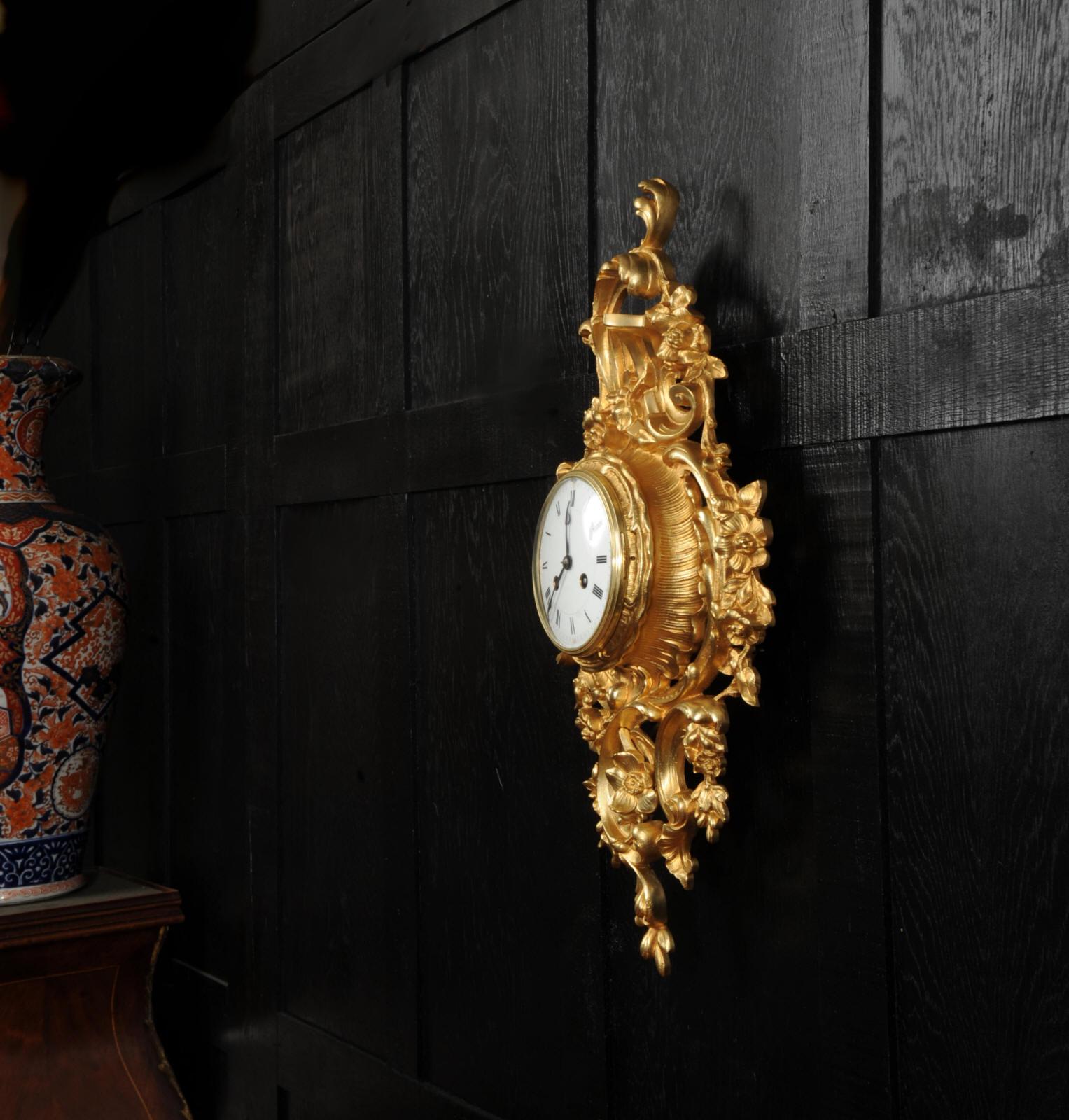 Antique French Gilt Bronze Rococo Cartel Wall Clock 4