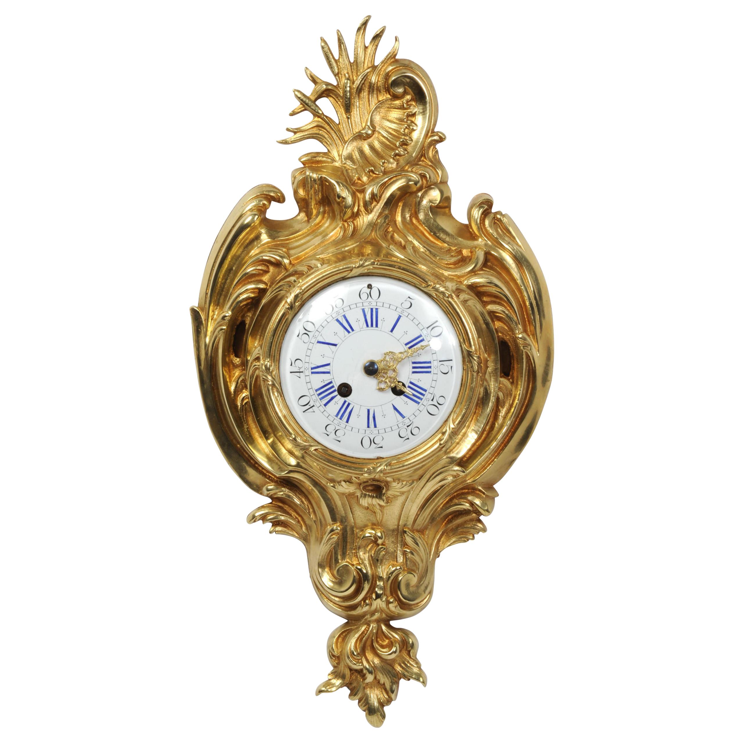 Antique French Gilt Bronze Rococo Cartel Wall Clock