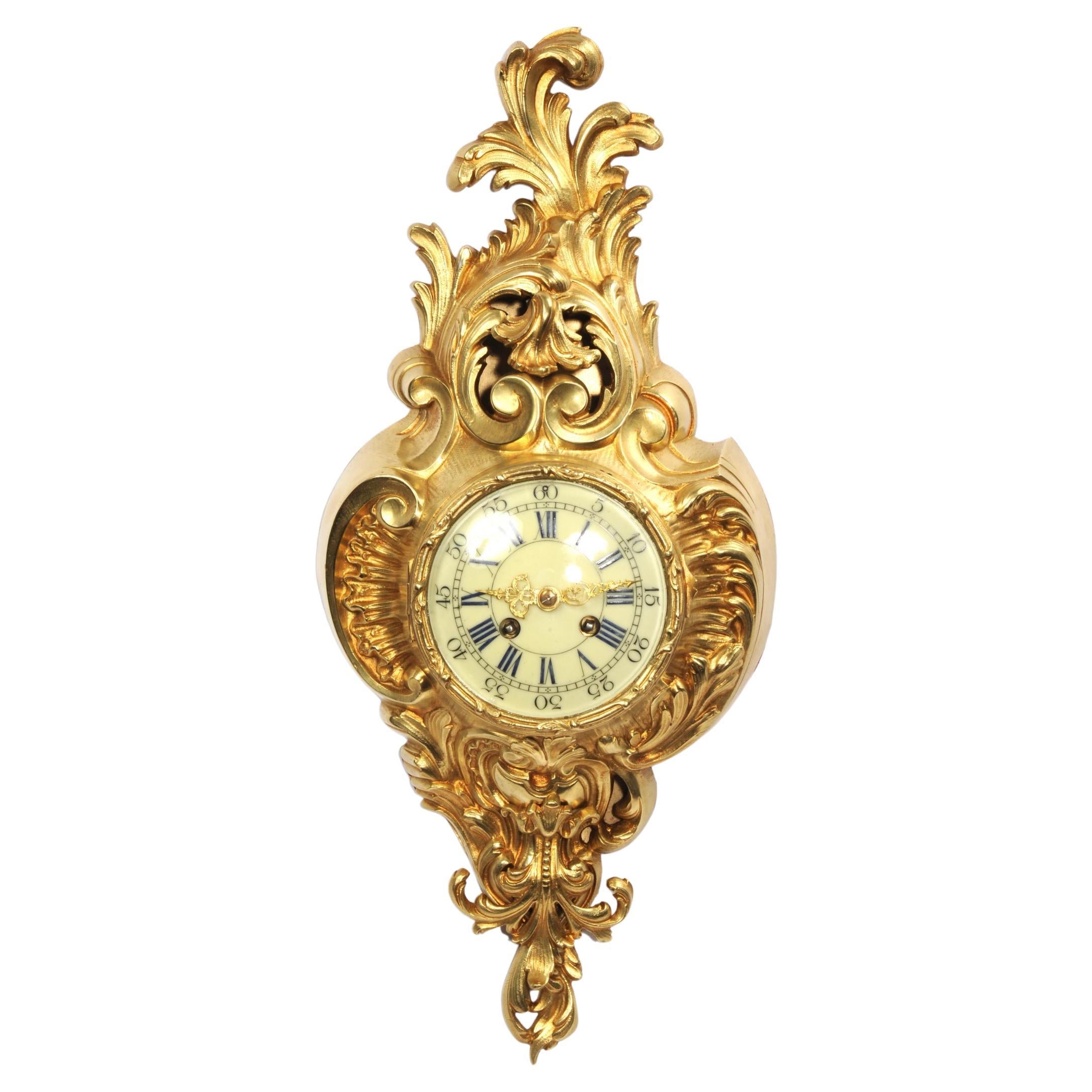 Antique French Gilt Bronze Rococo Cartel Wall Clock For Sale