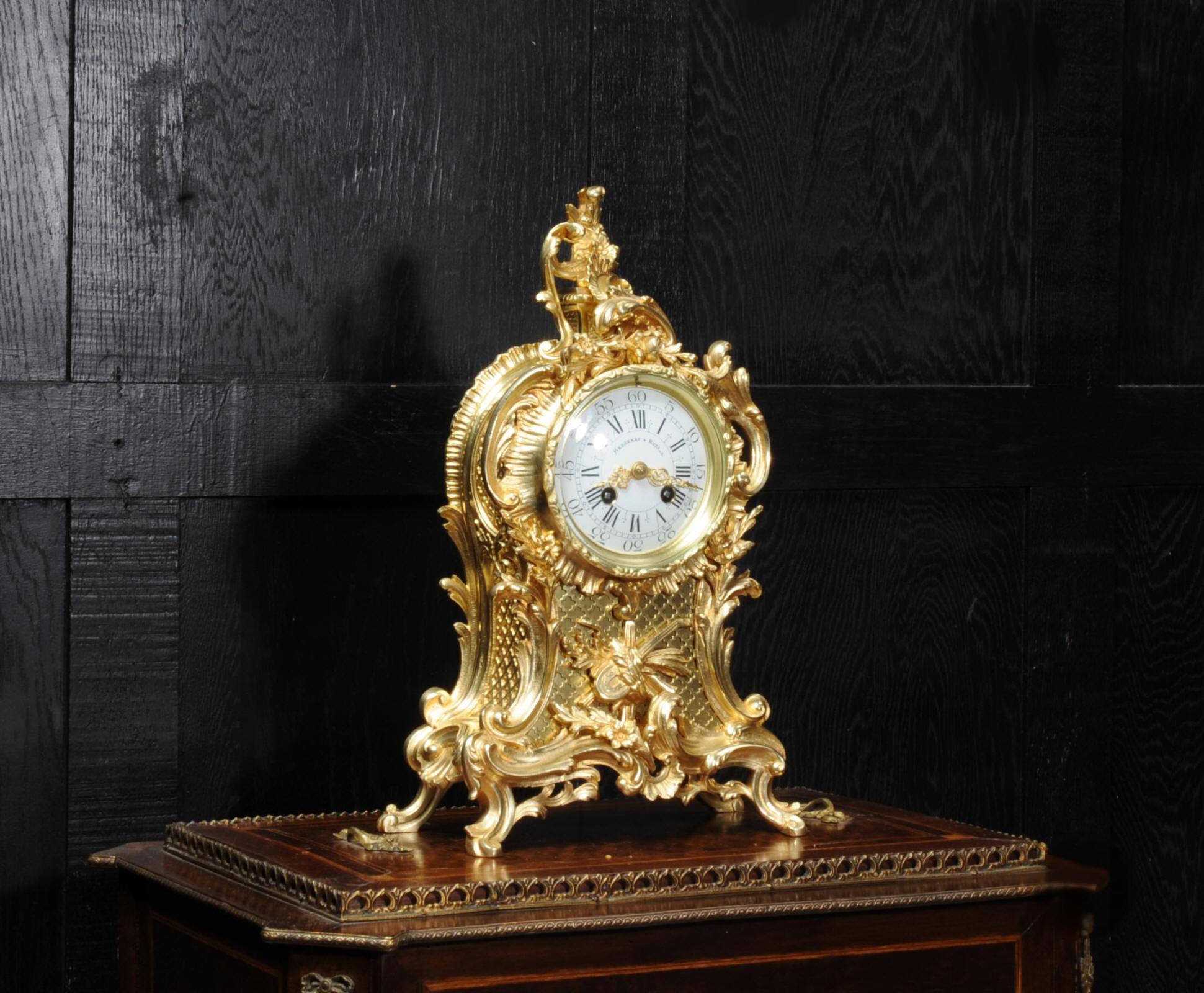 Antique French Gilt Bronze Rococo Clock by Vincenti et Cie, Music In Good Condition In Belper, Derbyshire