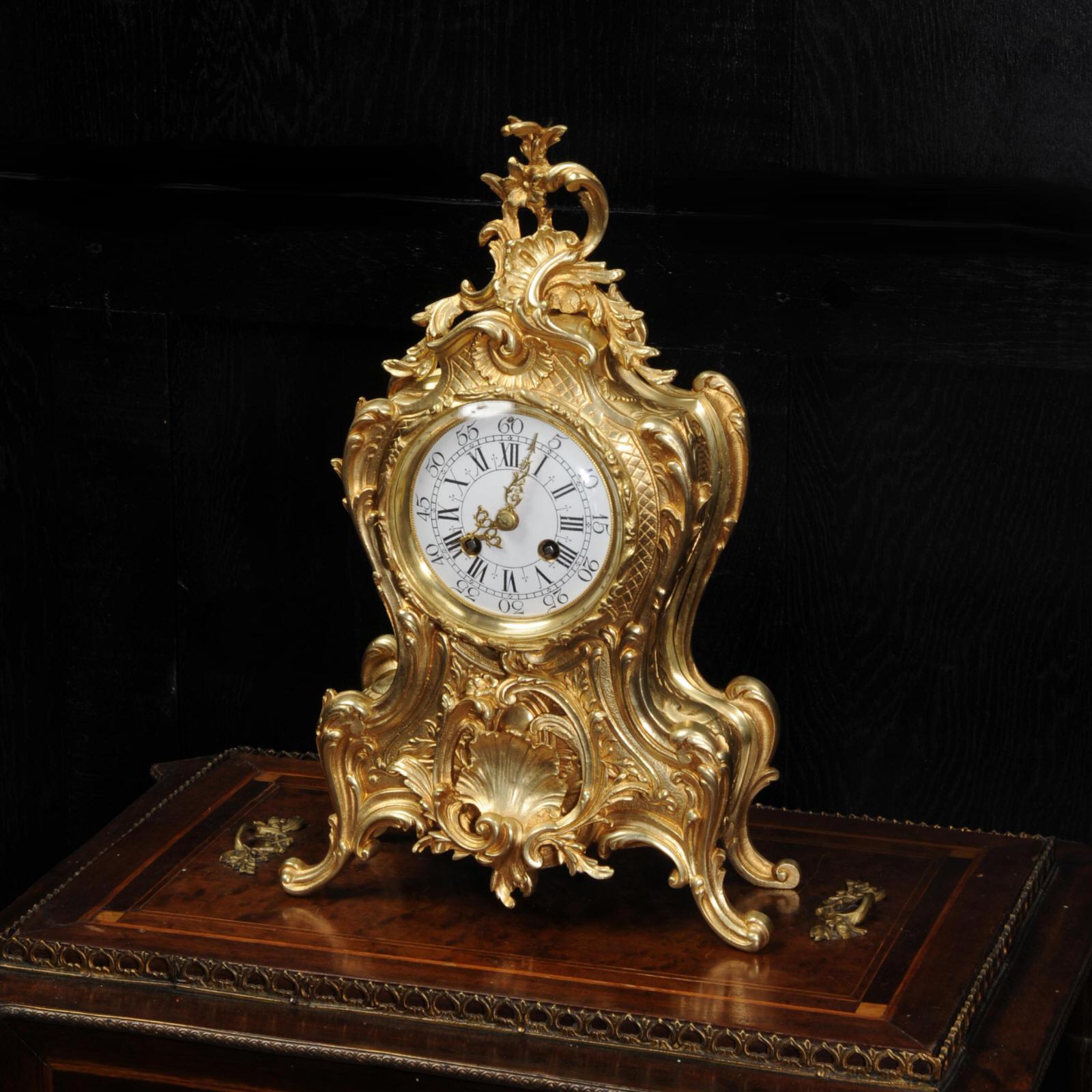 Antique French Gilt Bronze Rococo Clock In Good Condition In Belper, Derbyshire
