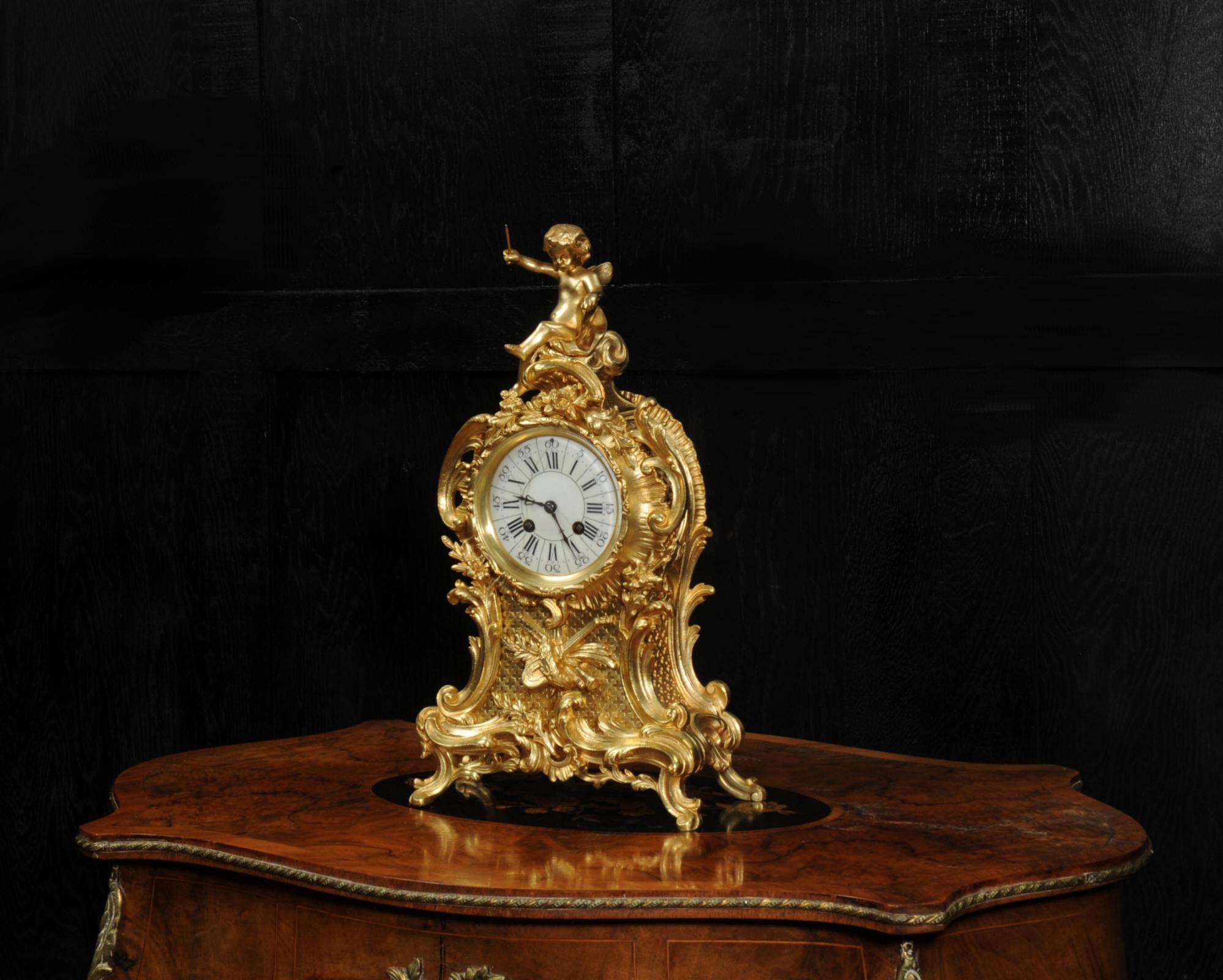 Antique French Gilt Bronze Rococo Clock, Music In Good Condition In Belper, Derbyshire