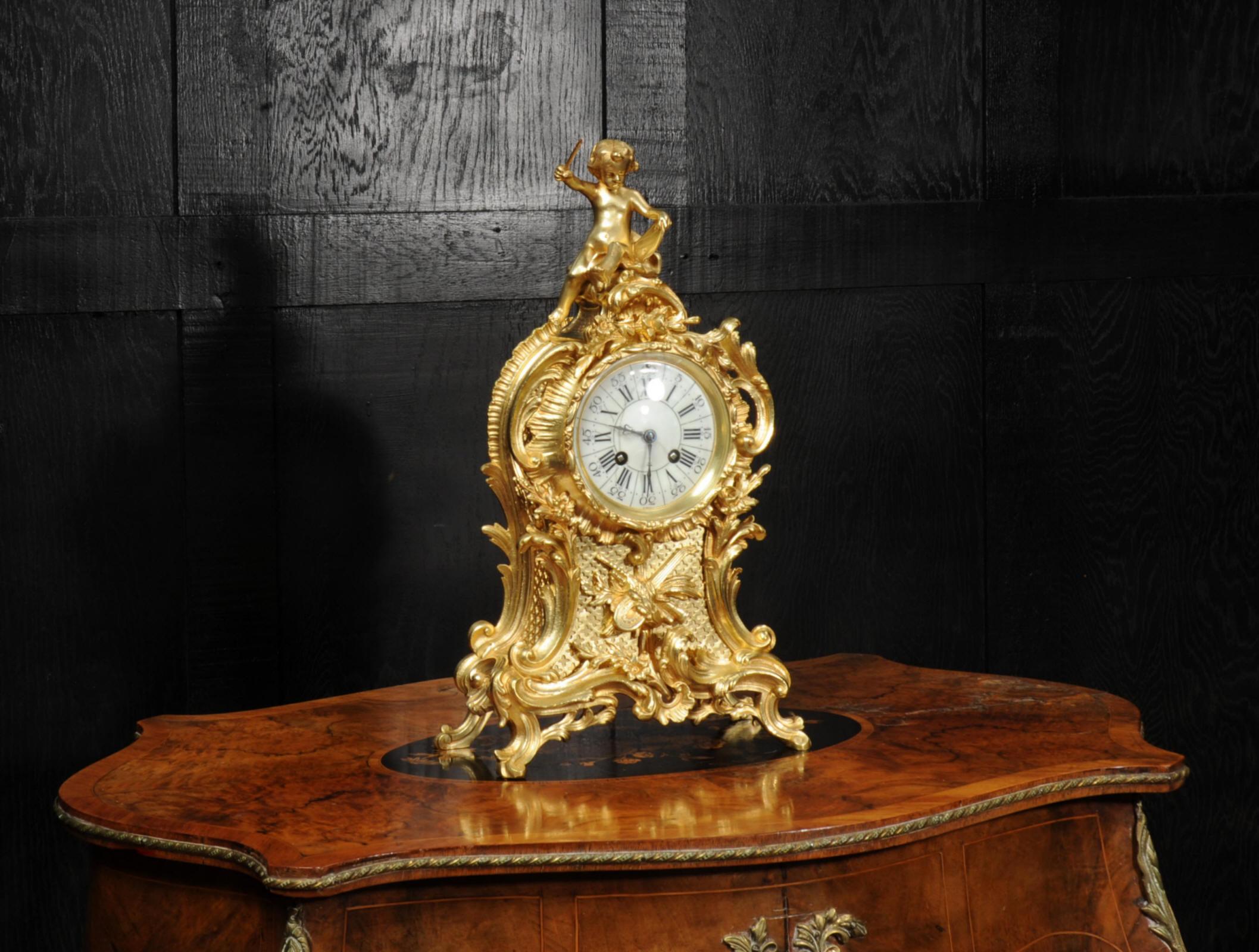 19th Century Antique French Gilt Bronze Rococo Clock, Music