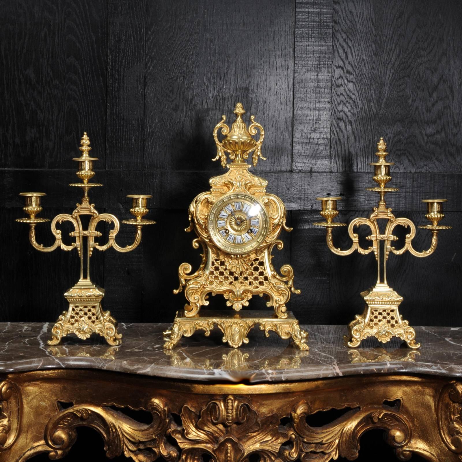19th Century Antique French Gilt Bronze Rococo Clock Set