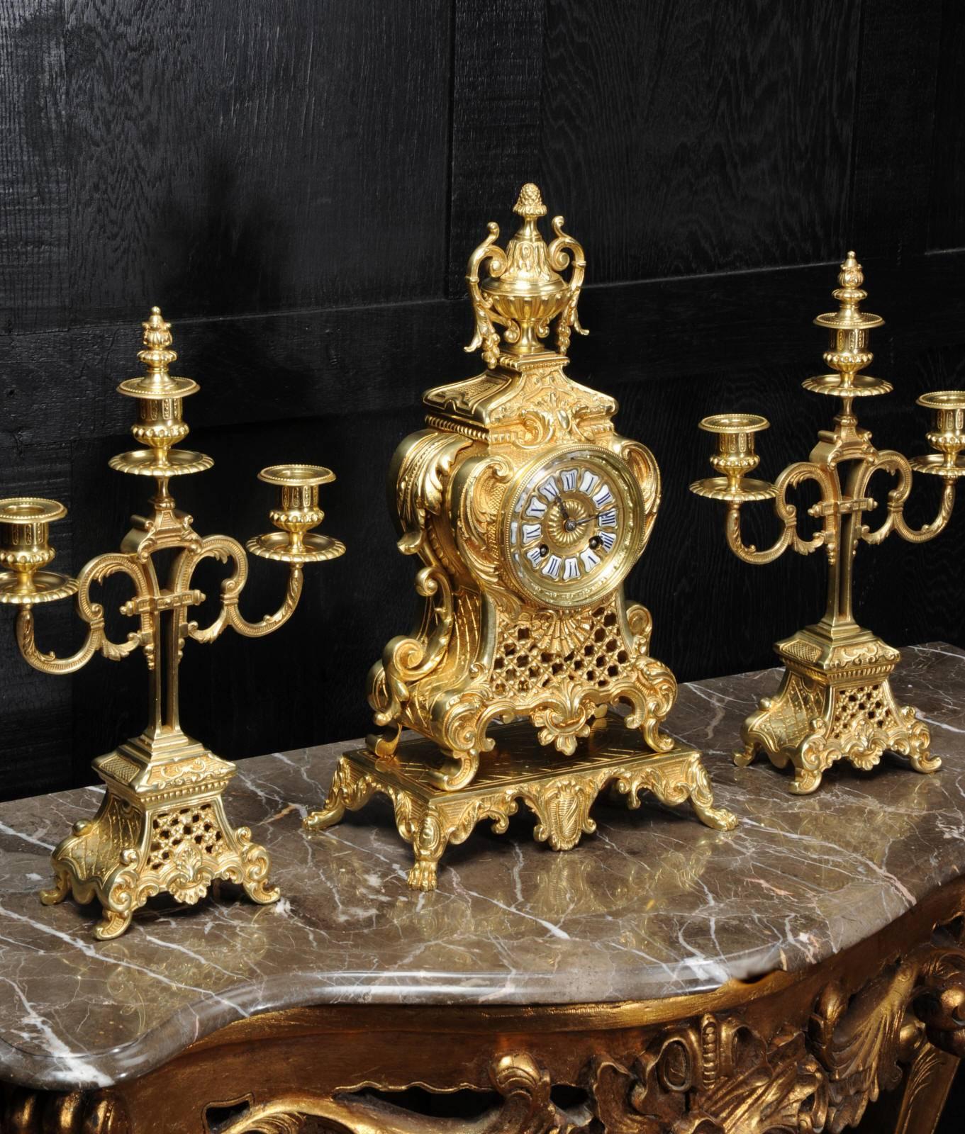 Antique French Gilt Bronze Rococo Clock Set 4