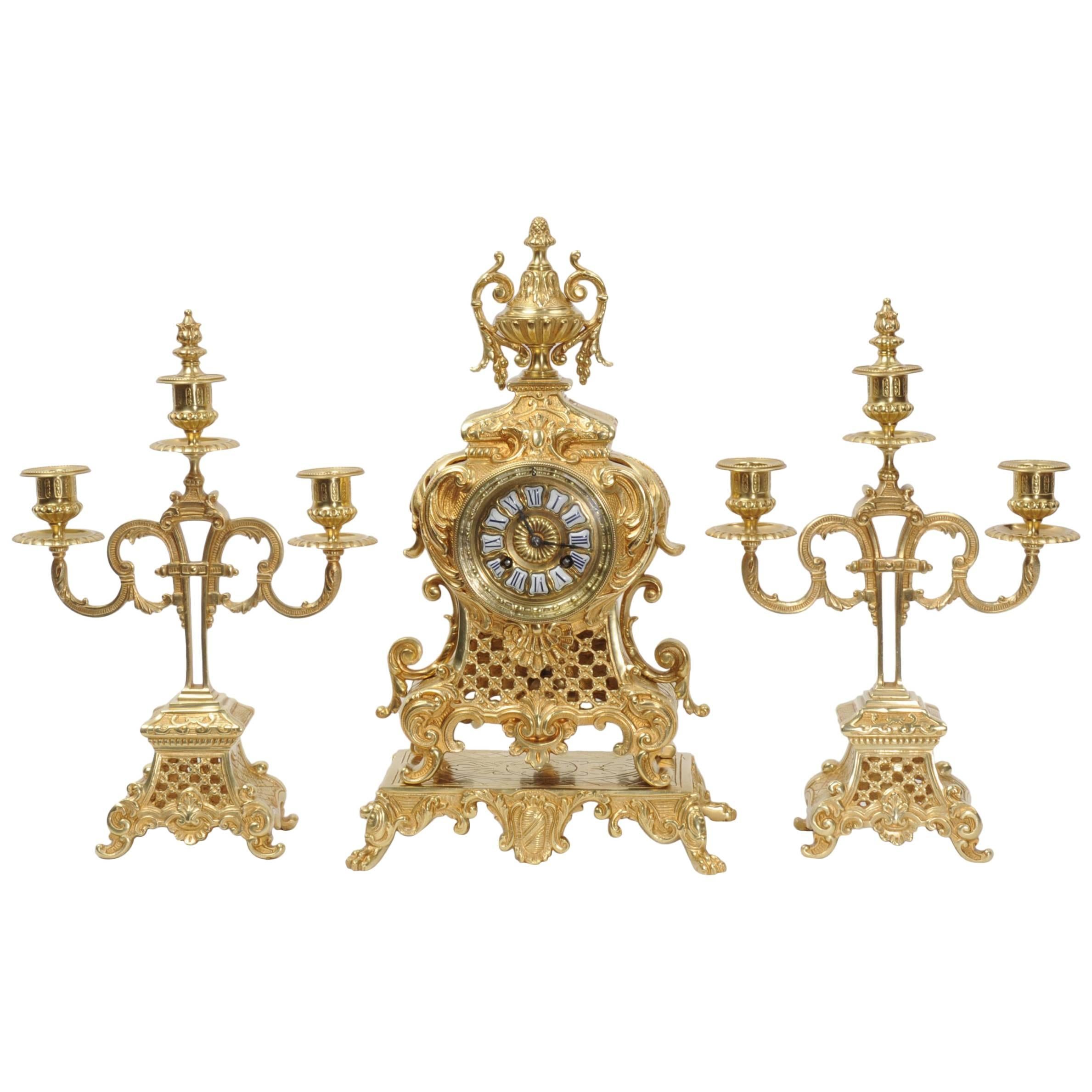 Antique French Gilt Bronze Rococo Clock Set