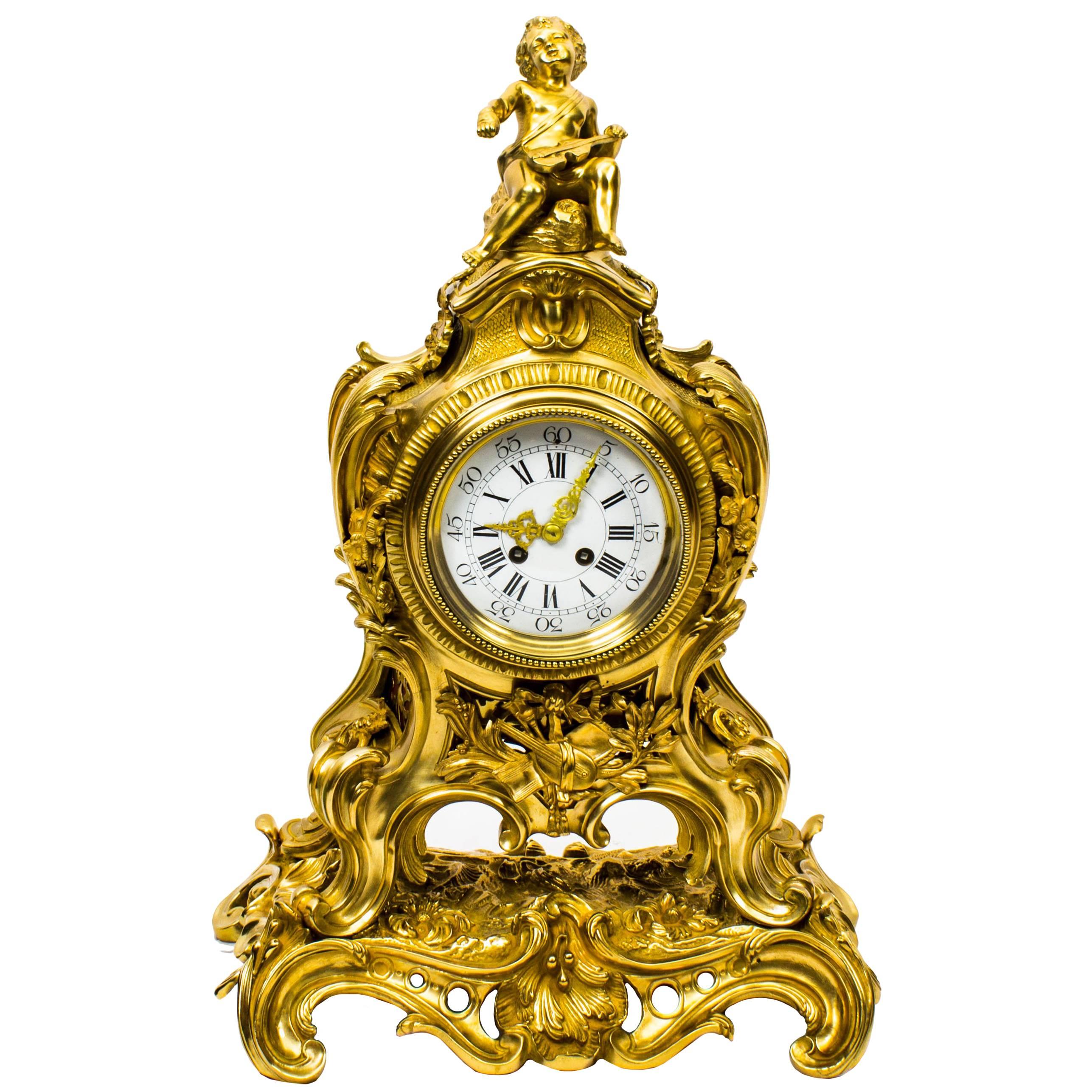 Antique French Gilt Bronze Rococo Mantel Clock, Dated 1893