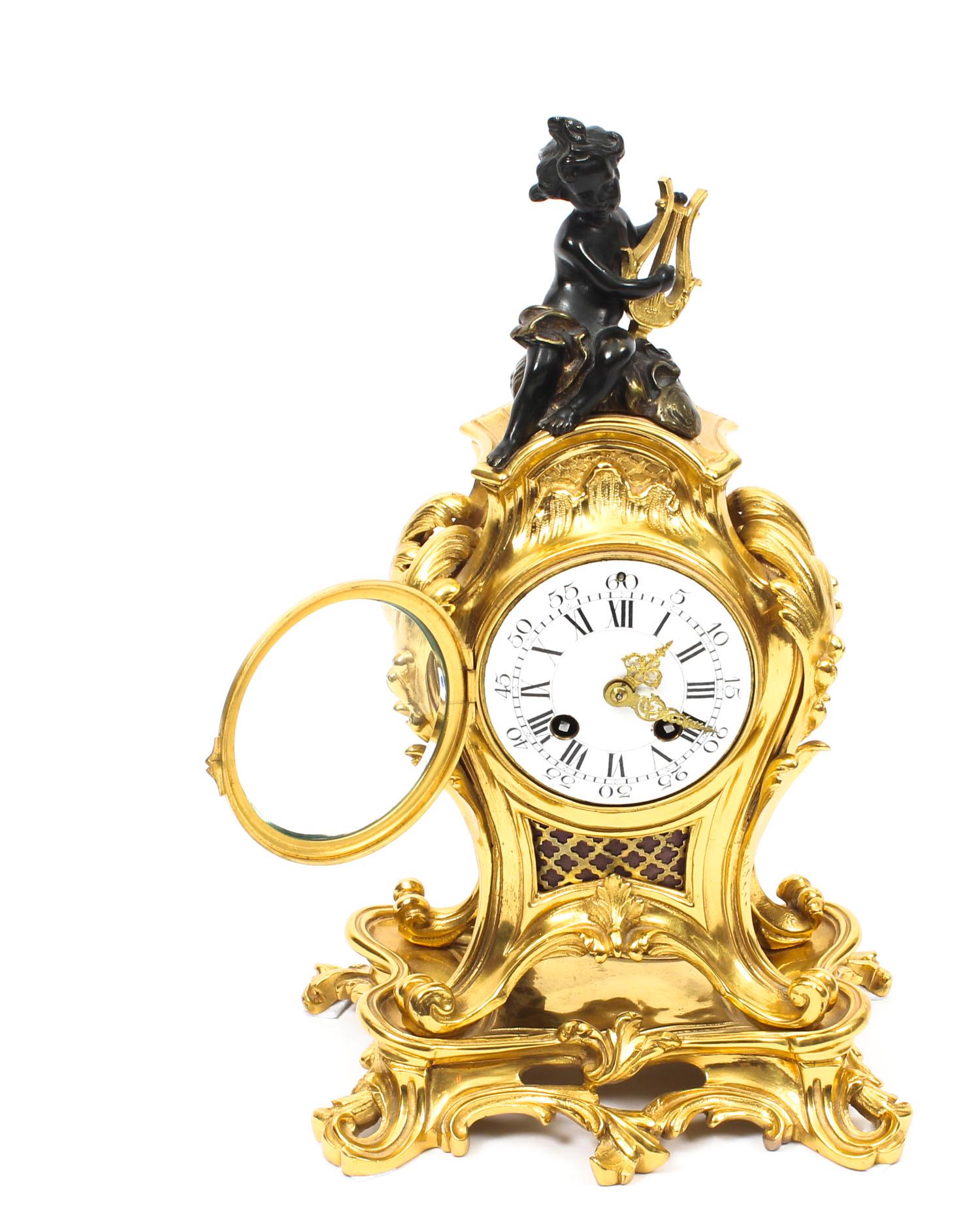 Antique French Gilt Bronze Rococo Mantel Clock Garniture Set, 19th Century 6