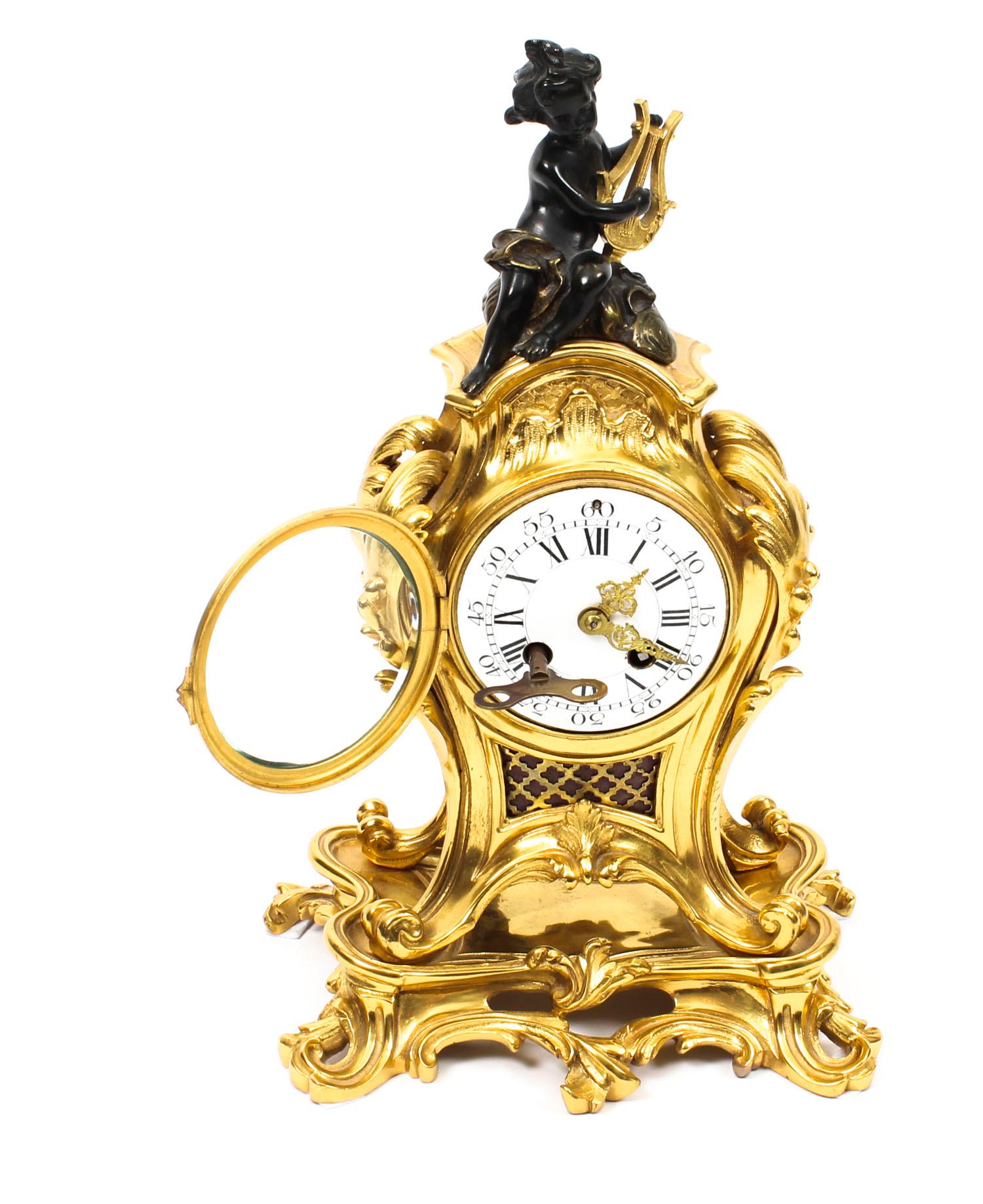Antique French Gilt Bronze Rococo Mantel Clock Garniture Set, 19th Century 8