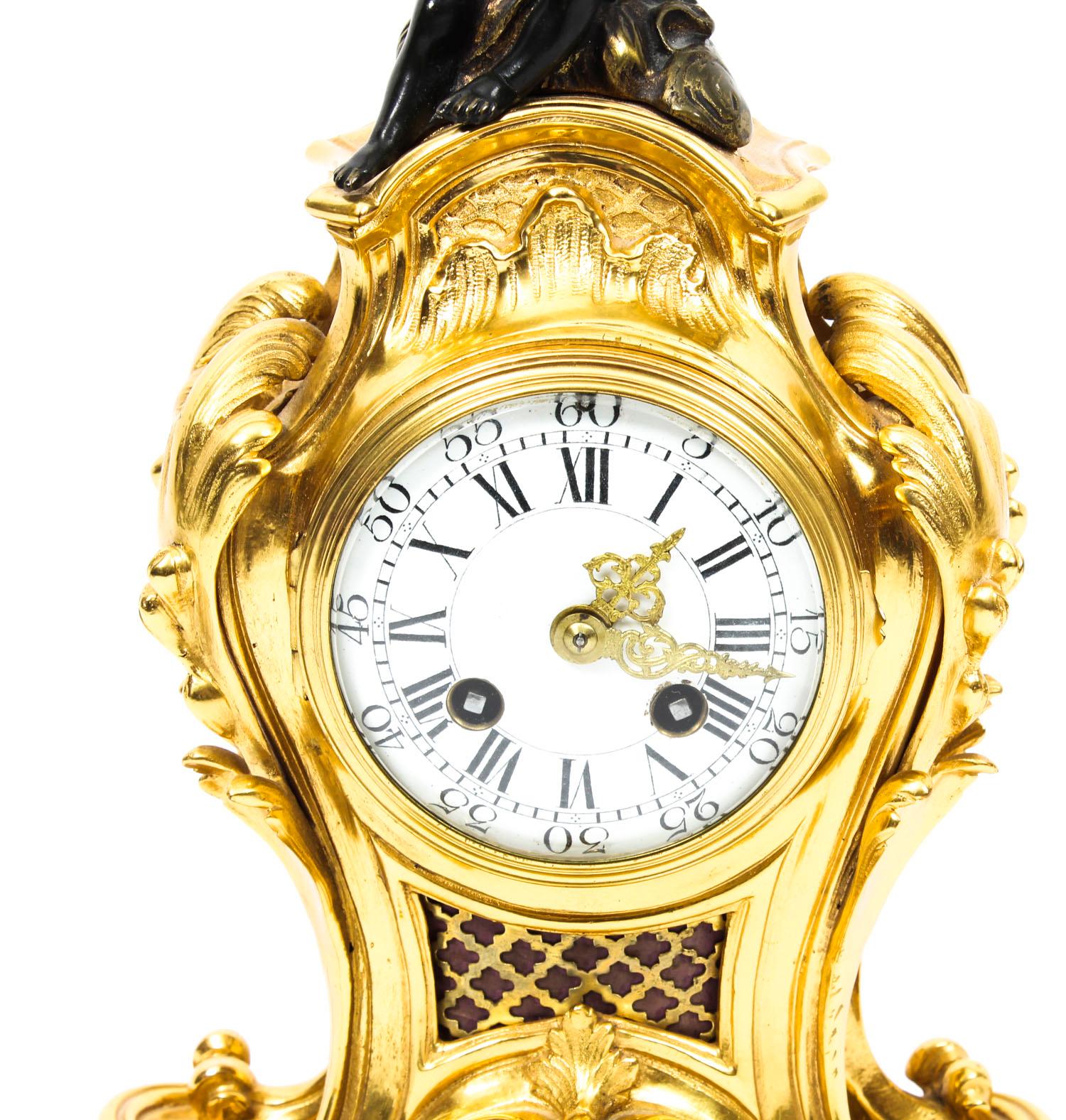 Rococo Revival Antique French Gilt Bronze Rococo Mantel Clock Garniture Set, 19th Century