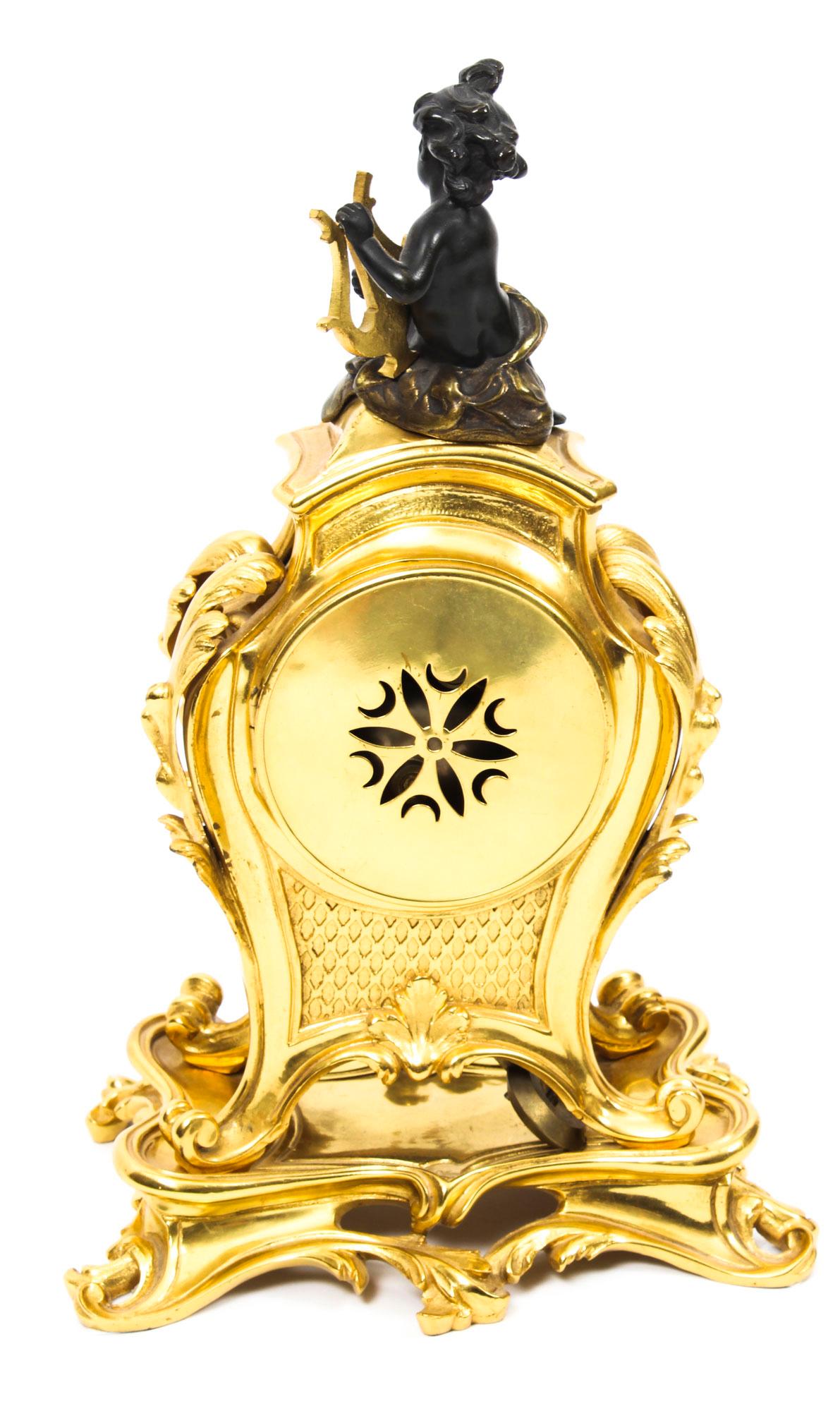 Antique French Gilt Bronze Rococo Mantel Clock Garniture Set, 19th Century In Good Condition In London, GB