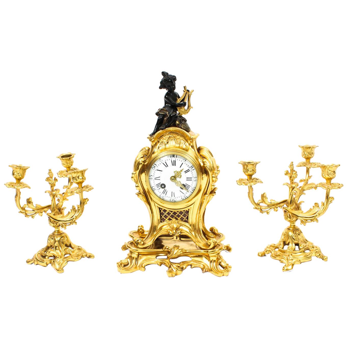Antique French Gilt Bronze Rococo Mantel Clock Garniture Set, 19th Century
