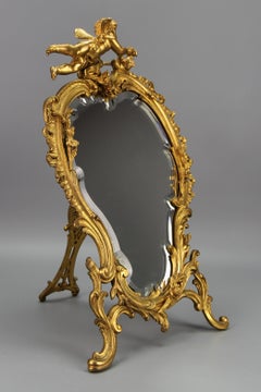 Antique French Gilt Bronze Rococo Style Desktop Mirror with Cherub and Bird
