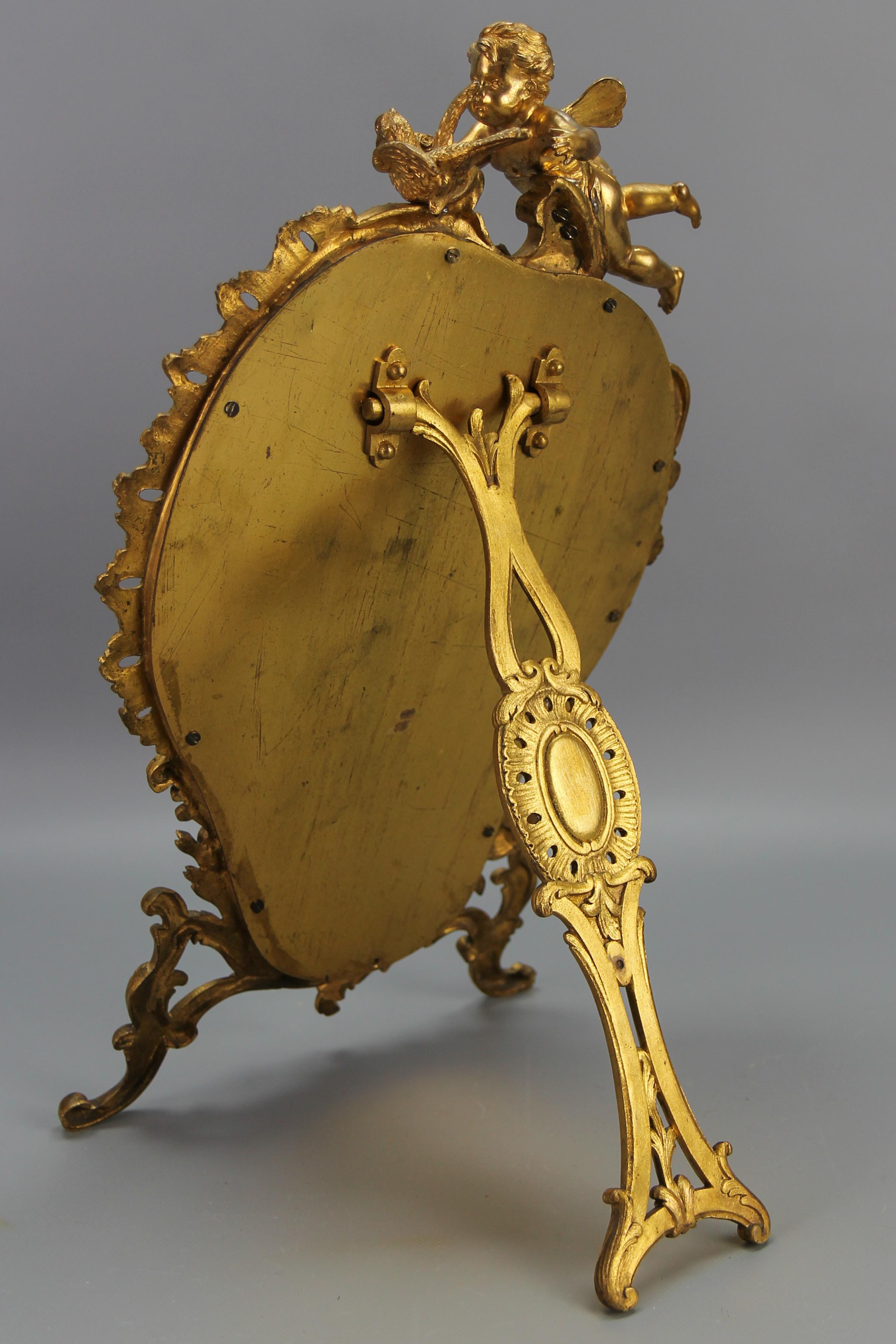 Antique French Gilt Bronze Rococo Style Desktop Mirror with Cherub and Bird For Sale 1