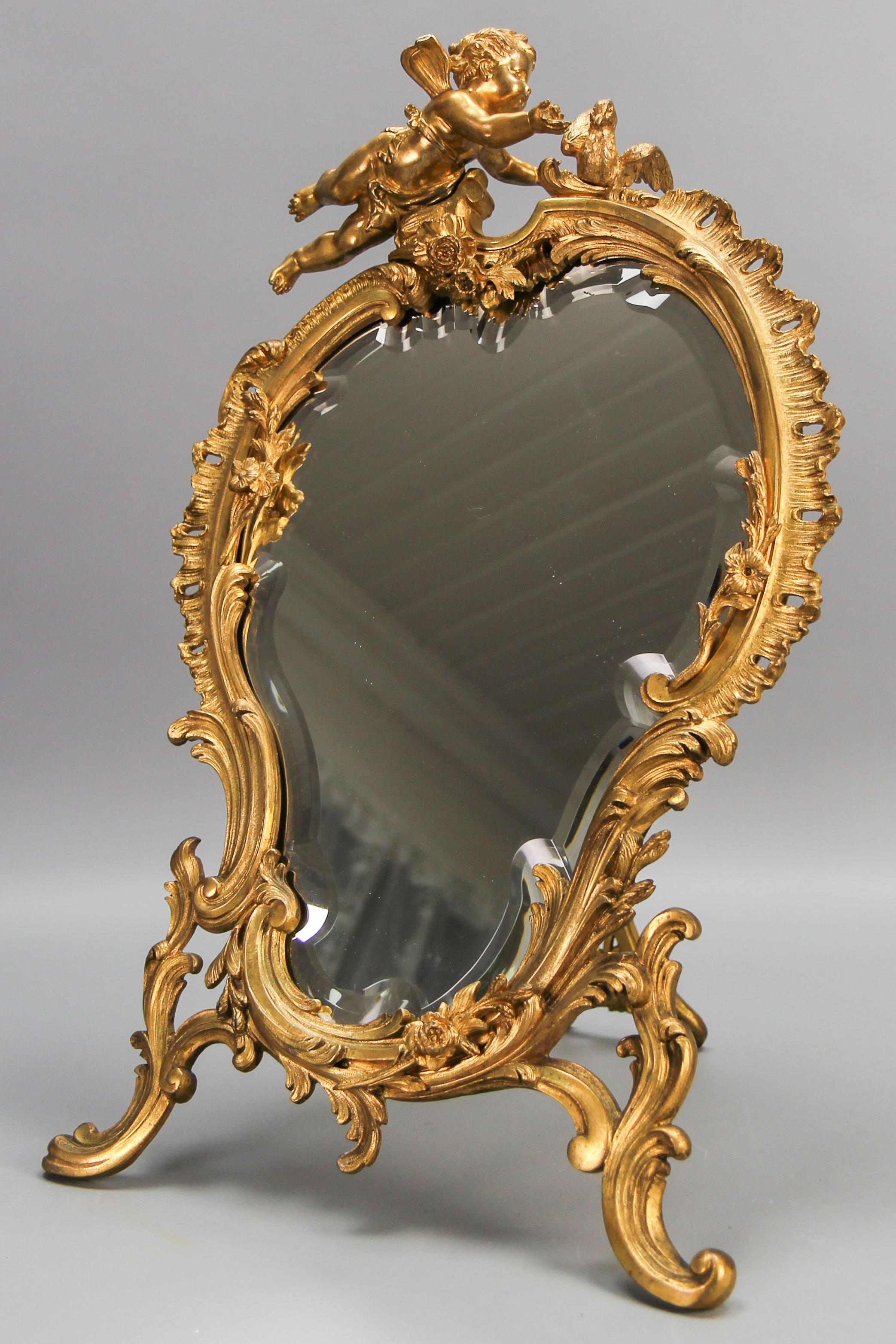 Antique French Gilt Bronze Rococo Style Desktop Mirror with Cherub and Bird For Sale 3