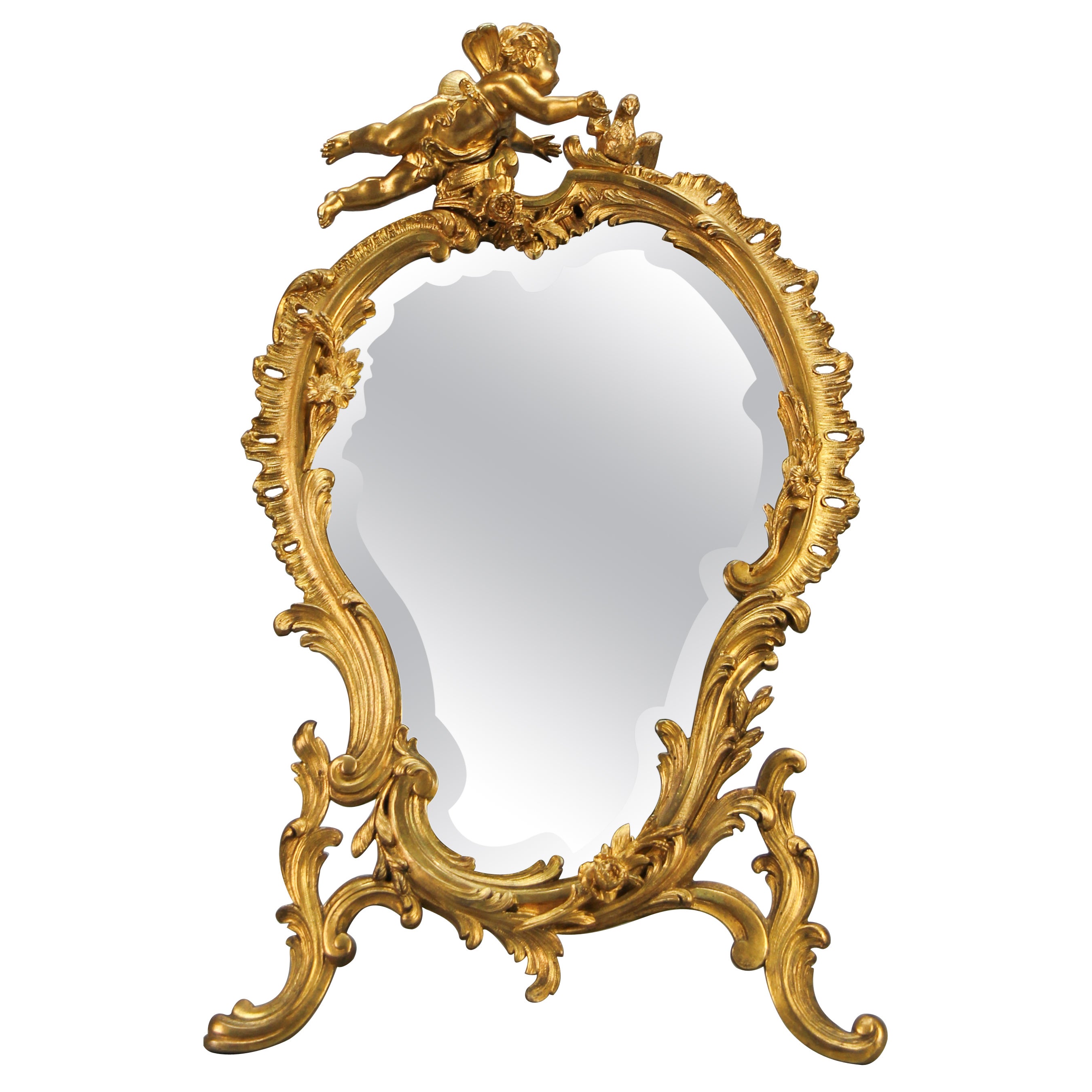 Antique French Bronce Dorado Espejo de Sobremesa Estilo Rococo con Querubín y Pájaro