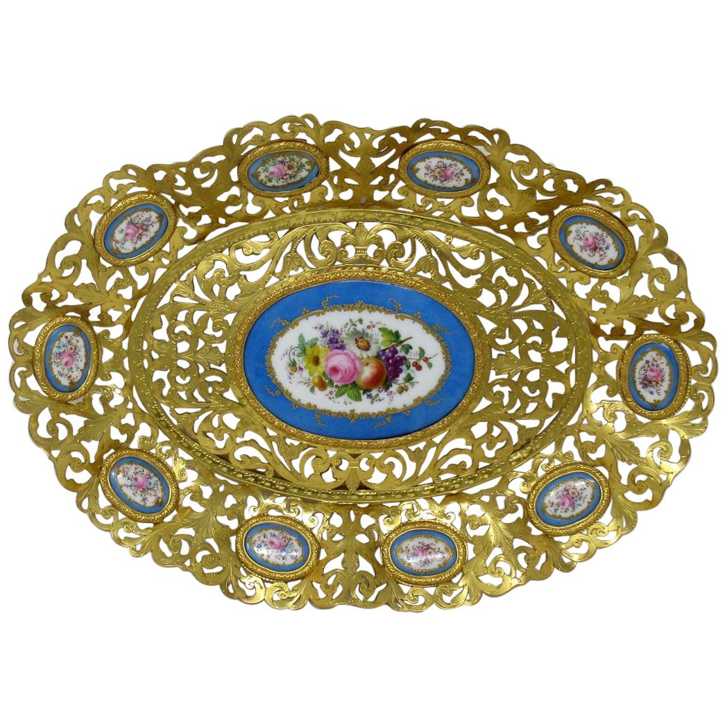 Antique French Gilt Bronze Sèvres Porcelain Hand Painted Table Centerpiece Tray