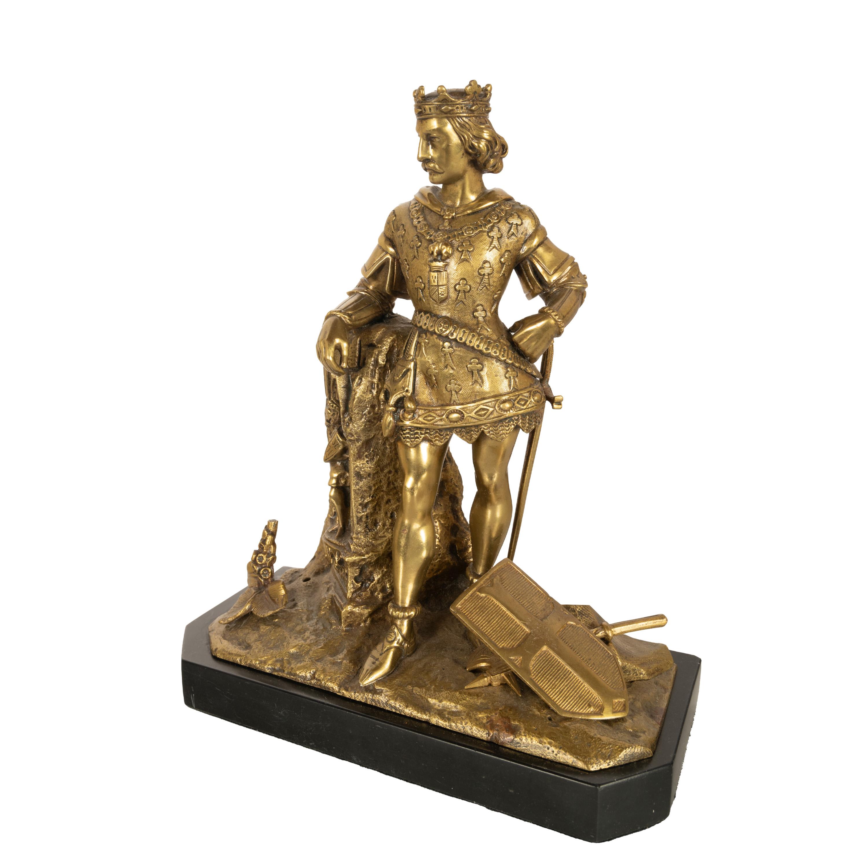 Antique French Bronzo dorato Statua medievale Re Luigi VII Cavaliere Templare 1880 in vendita 2