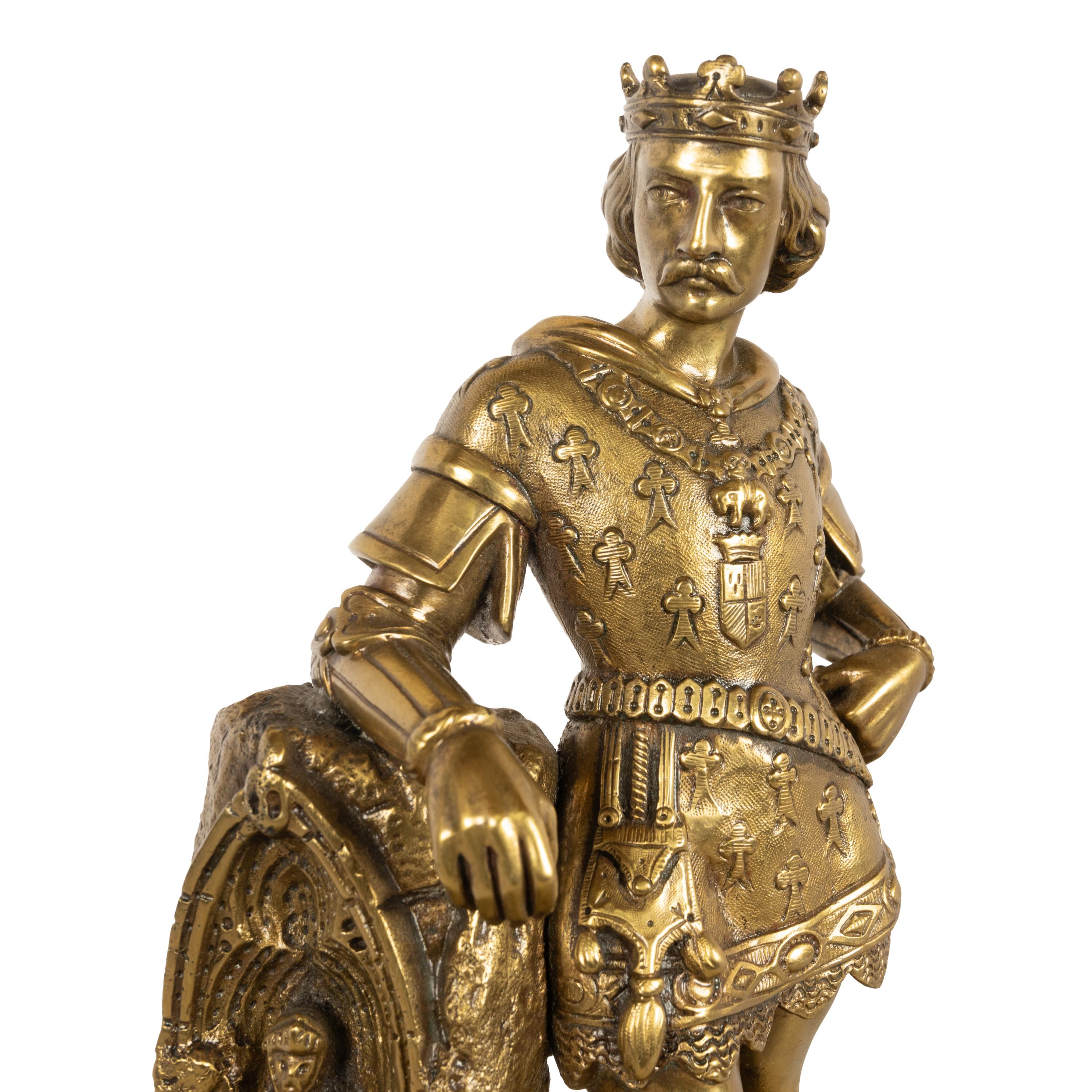 Antique French Bronzo dorato Statua medievale Re Luigi VII Cavaliere Templare 1880 in vendita 3