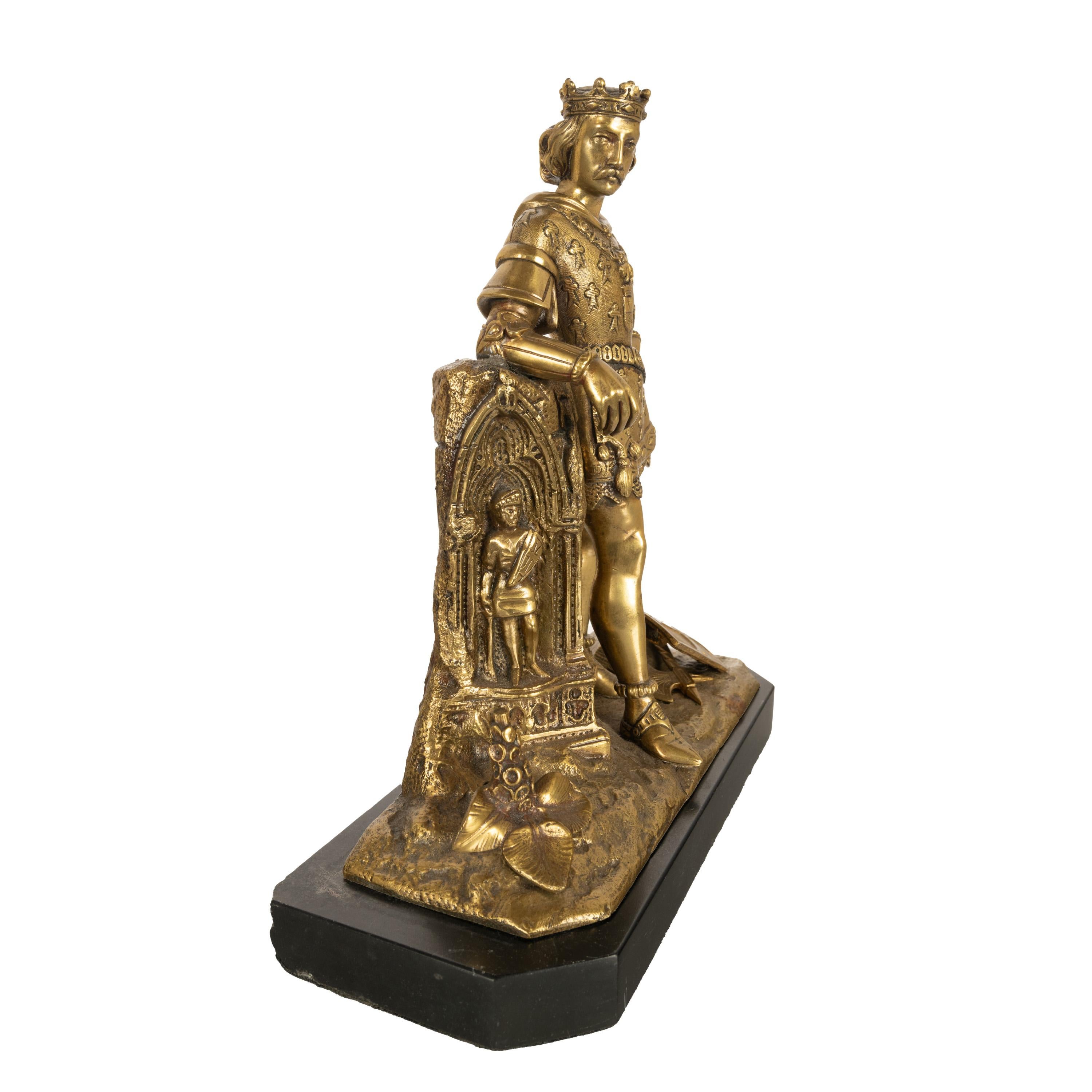 Medievale Antique French Bronzo dorato Statua medievale Re Luigi VII Cavaliere Templare 1880 in vendita